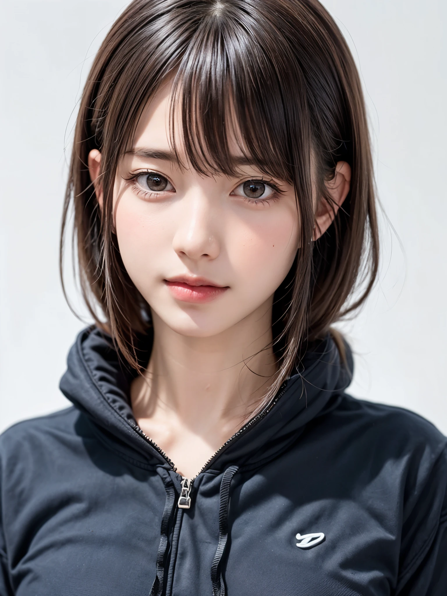 Masterpiece、Highest quality、1 girl, alone, alone focus, Cowboy Shot, Portraiture, Oversized hoodie, Aqua green and white hoodie, Half watercolor, Half Green, ((Brown Hair)), (Yellow Hair), (Gradient Hair :1.5), Curly Hair, ((Pink Eyes)), Very detailedな目, Sunburn, (Dark caramel skin:1.1), highest quality, Very detailed, White Background, Simple Background