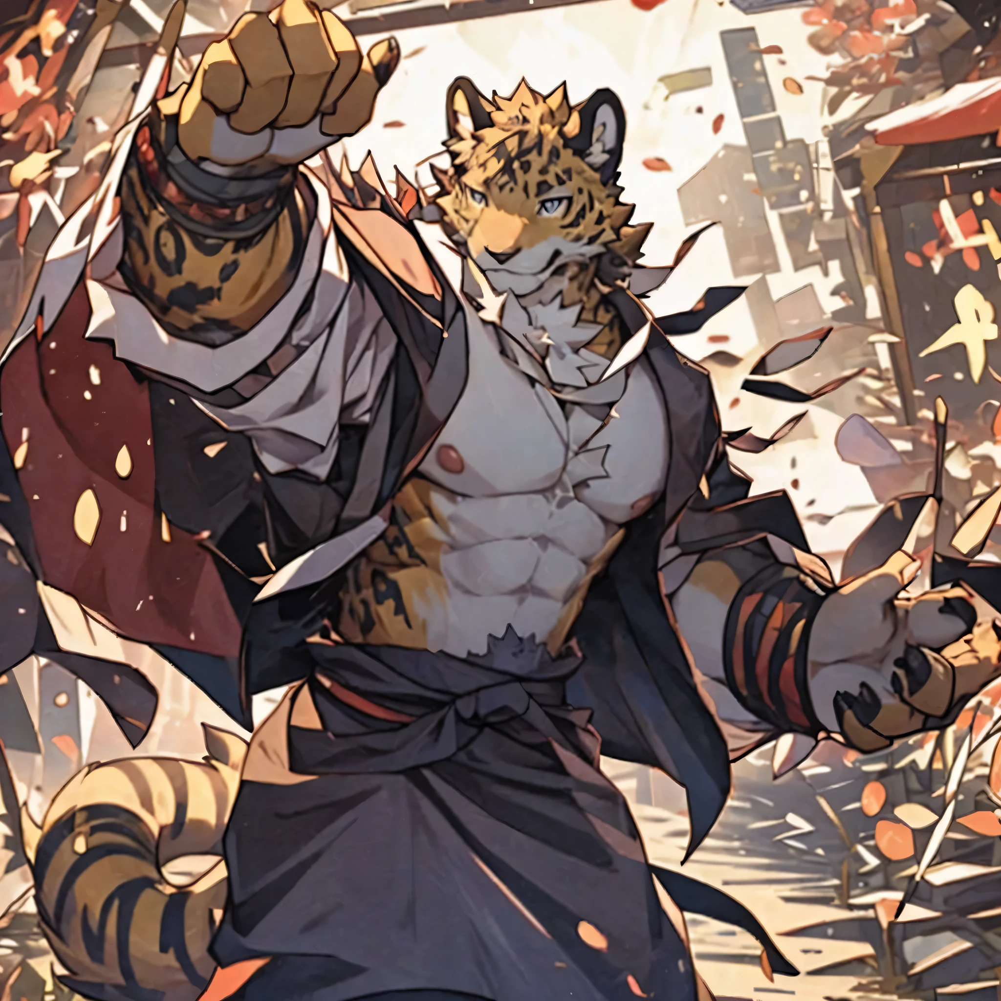 (best quality,realistic:1.37),A boy with a joyful expression and a fit body, dressed in a yukata and a loincloth, holding a folding fan, playing at a festival with a golden leopard with golden fur, looking towards the screen.