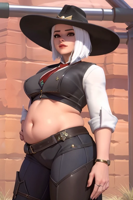 realistic, realism, photorealism, photo-realistic, high contrast, (photorealistic:1.4), 8k high definition detailed realistic, (best quality, masterpiece:1.2), NSFW, photon mapping, radiosity, physically-based rendering, best quality, highly detailed, 1girl, 3d, owash, short hair, white hair, cow boy hat, vest, red eyes, necktie, smile, standing, ((city, street, store)),cow boy pose, hand on the belt, extremely obese, very obese, obese, giant gut, extremely fat, very fat, fat, belly fat, belly pooch, extremely chubby, very chubby, chubby, chubby belly, fat belly, huge belly, belly hang, belly rolls, pudgy belly, giant belly, large belly, flabby belly, fat potbelly, large potbelly, giant potbelly, pudgy potbelly, huge potbelly, chubby potbelly, exposed belly, exposed navel