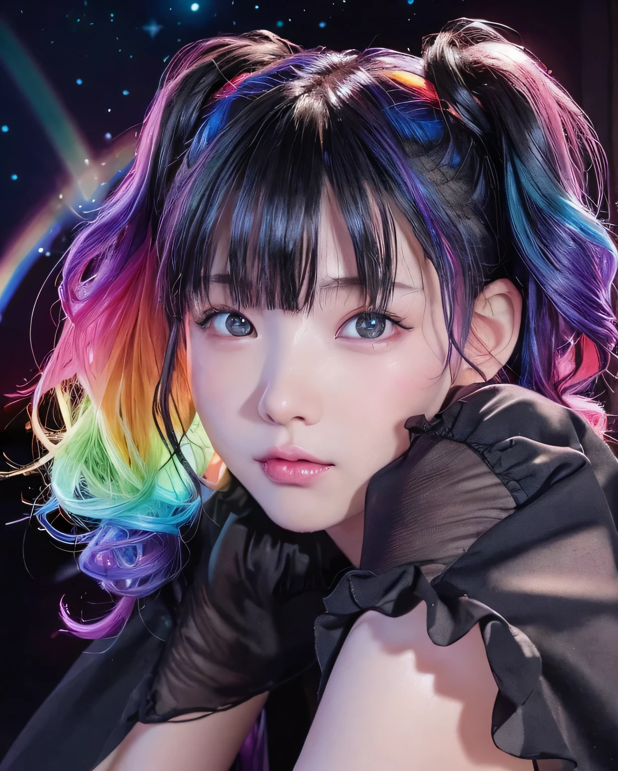 (Luminous and colorful lighting setup for model photography:1.25)、8K、highest quality、1 Girl、(************)、(Face shot close up:1.3)、、Flat Body、cute、Beautiful photorealistic、High resolution、Perfect lighting and shadows、((Look at the viewers))、、(((night)))、(Moe sleeves:1.5)、Twin tails、(Rainbow Color Hair:1.34)、(Black light:1.23)