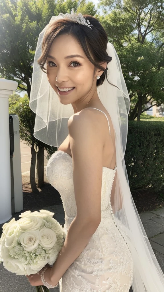 ((Top Quality)), ((8K)), ((Masterpiece: 1.3)), (Perfect Appearance), (Photorealism: 1.6), (japanese bride), (in front of the church), (clear sky), japanese woman, (48 years old), (natural light), ((Standing upright, facing forward, center of screen)), ((Realistic skin texture)), (Fine wrinkles throughout the skin: 1.3), (Dull skin: 1.1), (Skin without moisture: 1.2) , (Wrinkles on the face: 0.9), (Wrinkles on the corners of the eyes: 1.2), Double eyelids, tear bags on the lower eyelids, (Crying moles: 0.9), The eyes are looking here, serious gaze, (Dimples: 1.2), smile with the corners of the mouth raised wide, straight medium length, (Wedding dress: 1.2), (slender line dress: 1.2), (veil that hides the face: 1.2), (bridal veil: 1.2), high heels, (bouquet in hand: 1.2), (whole body), (Angle from the foot: 1.2),