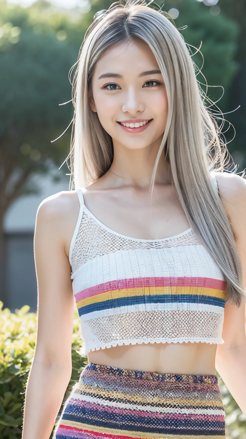 Japanese Girls、abroad、((highest quality,masterpiece,超A high resolution)),(Realistic:1.4),1 girl,Head to Knee,Dynamic posture,Adult face,slim,thin、(smile),(Shiny skin),(overview,frontage,Twilight),Gray Hair,Long white hair,Rainbow Eyes,Large Breasts,Top Fashion,mini skirt),(Clear Eyes),(Beautiful nose),(Transparent lips),(Fair skin),(Ultra-realistic woven texture)