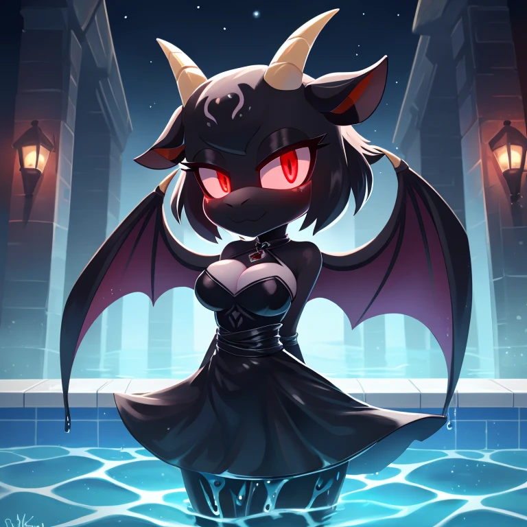 Mobian Bat, ((goat horns)), black horns, black belly, black face mouth, Medium breasts, black skin, black fur, black sclera, crimson glowing red eyes, full body, black dress, (((endless kingdom))) of night in a starless night, submerged up to her waist in a pool of ((black inky liquid))