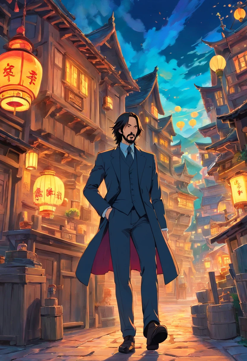John Wick in howl's moving castle,at china, by Studio Ghibli,Directed by Hayao Miyazaki,Starring Keanu Reeves,