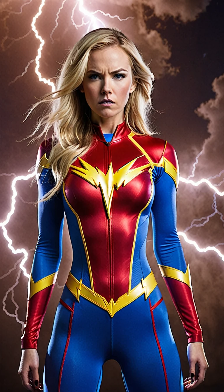a woman with long, blond hair stands in front of a lightning-inspired background. She's dressed in a tight-fitting blue and red bodysuit with a lightning bolt symbol, suggesting that she could represent a Flash-inspired superhero, due to the specific logo and color palette of her attire. Her muscular shoulders are visible, and she has a serious expression on her face. The atmosphere of the image is charged with electric energy, complemented by lightning elements that seem to emanate from around her, contrasting with the dark brown background.
