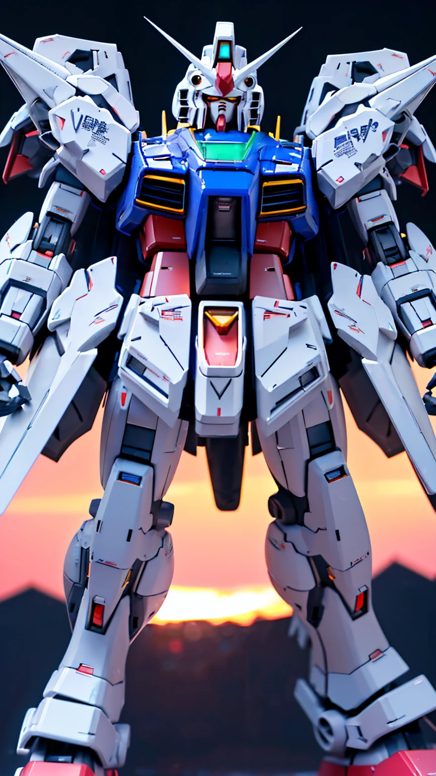 8K quality,(super masterpiece:1.3),highest quality,Detailed Images,One Gundam,Symmetrical Gundam,(body:Blue and white coloring),(The whole picture is visible,The whole body is visible,You can even see the feet),(Background,null,null中,Sunset,dusk).