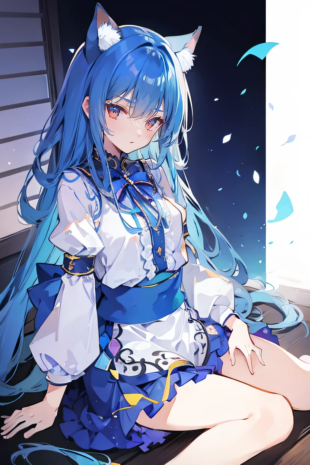 (masterpiece:1.2),ultra-detailed,realistic,expressive eyes,fair-skinned,perfectly shaped face,1girl,
Japanese cartoons,Gorgeous blue hair, flowing blue hair,floating clothes,cat ears,petals falling,beautiful Lola,Hina Angel,
hands on waist,gracefully sitting on the ground,legs crossed,gentle and serene background,cool and comfortable pavilion,shy face ,night .
