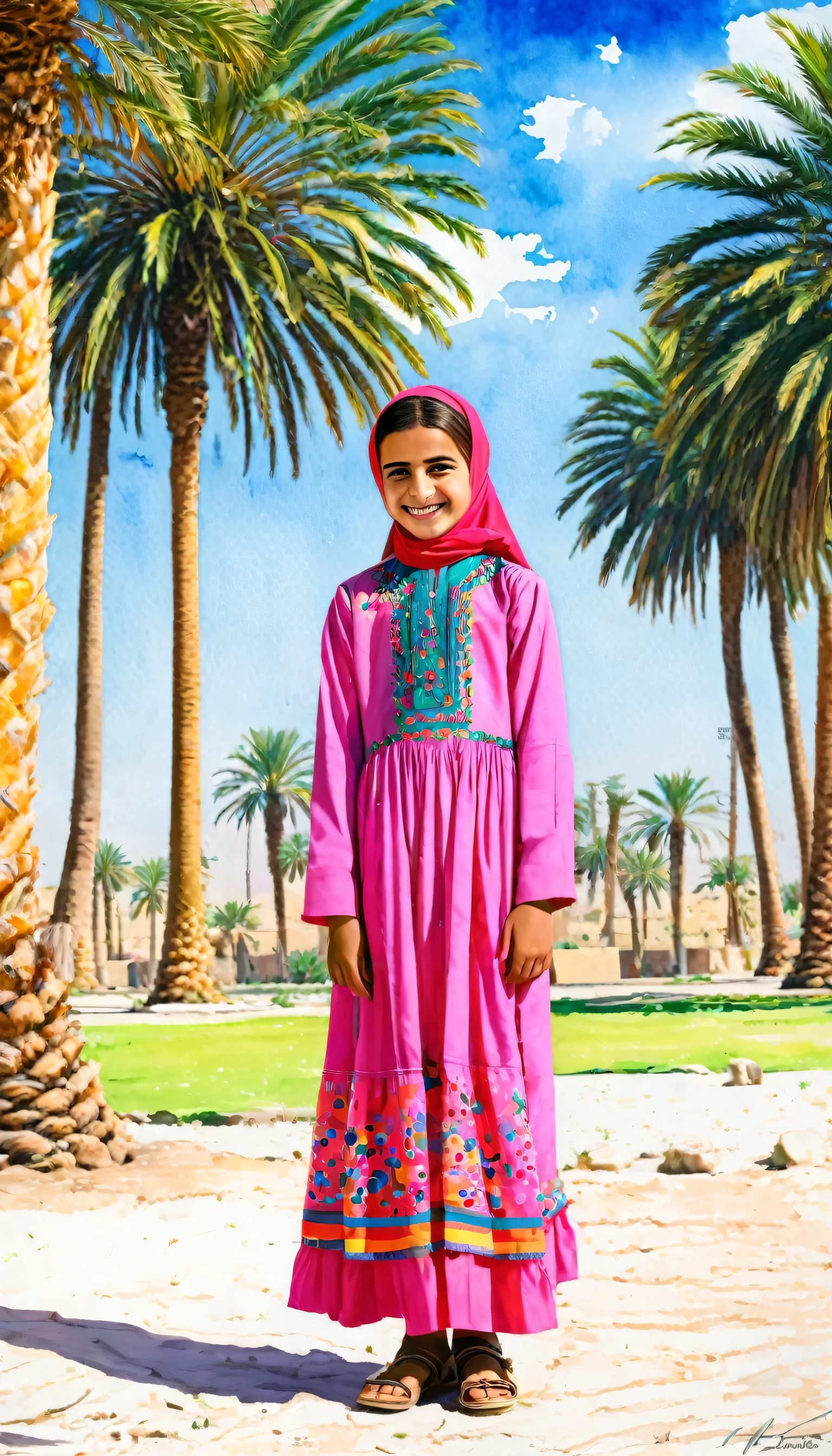 an Iraqi ars-old l wearing a long traditional dress and hijab, smiling, outdoors, standing near a palm trees looking at viewer, ground is visible in the background, 1girl, solo, black eyes, modern art, painting, drawing, watercolor, psychedelic colors