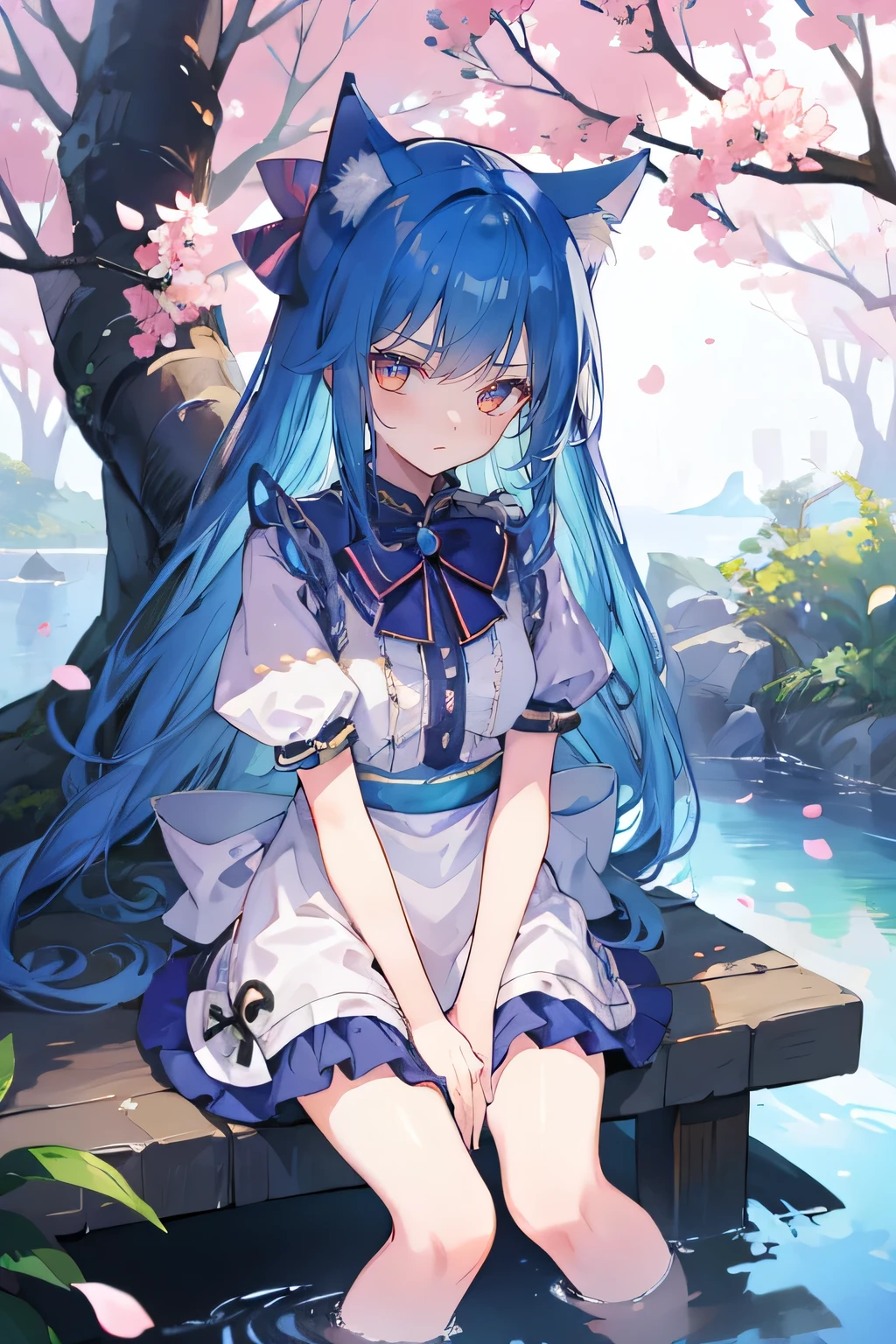 (masterpiece:1.2),ultra-detailed,realistic,expressive eyes,fair-skinned,perfectly shaped face,1girl,
Japanese cartoons,Gorgeous blue hair, flowing blue hair,floating clothes,cat ears,petals falling,beautiful Lola,Hina Angel,
hands on waist,gracefully sitting on the ground,legs crossed,gentle and serene background,cool and comfortable pavilion,shy face ,night .