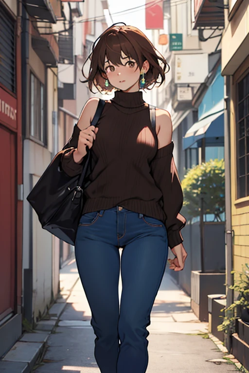 Mujer, Brown hair, hair lengthed, liston rojo, ojos verdes, Black sweater without shoulders, blue pants