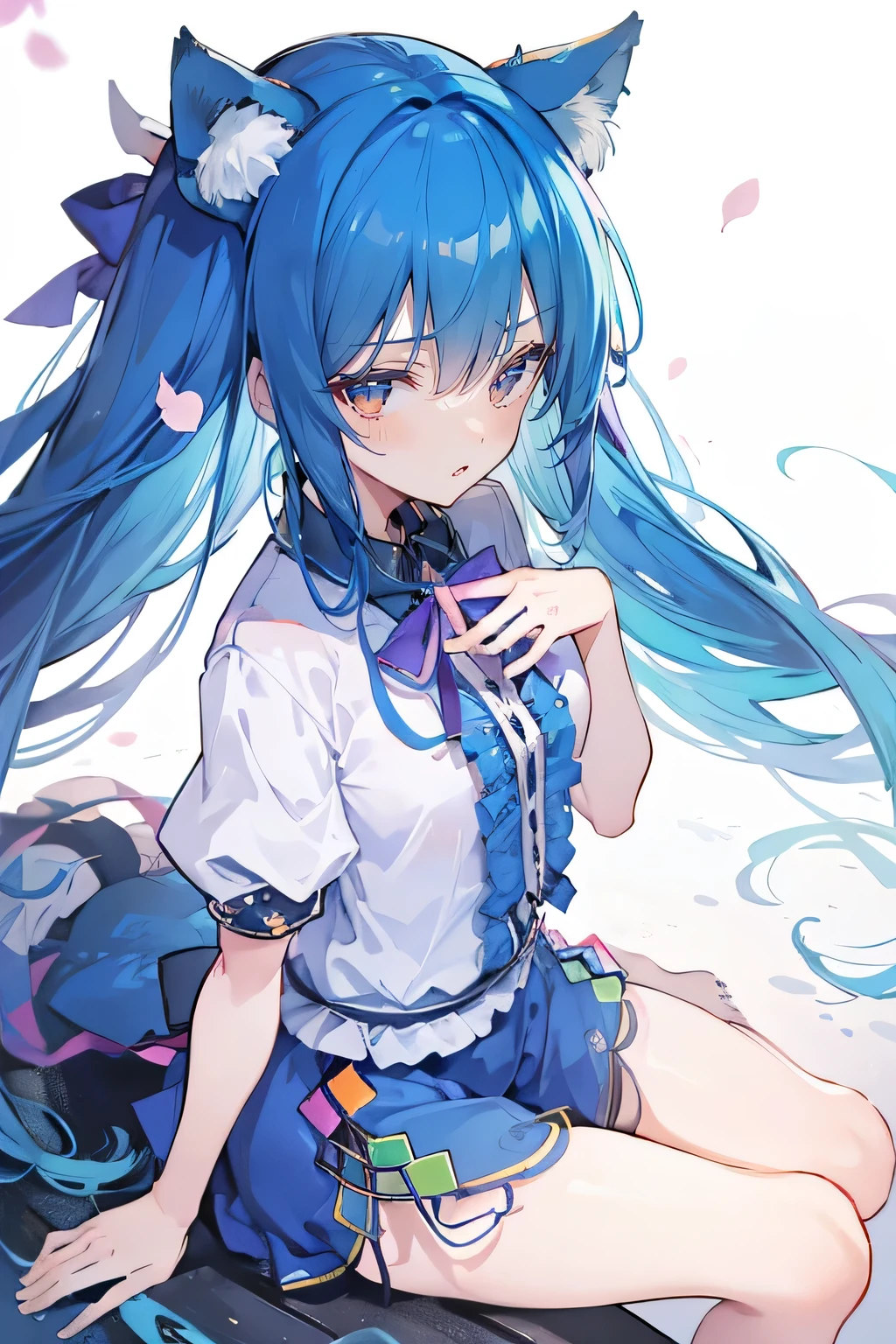 (masterpiece:1.2),ultra-detailed,realistic,expressive eyes,fair-skinned,perfectly shaped face,1girl,
Japanese cartoons,Gorgeous blue hair, flowing blue hair,floating clothes,cat ears,petals falling,beautiful Lola,Hina Angel,
hands on waist,gracefully sitting on the ground,legs crossed,gentle and serene background,cool and comfortable pavilion,shy face ,night .