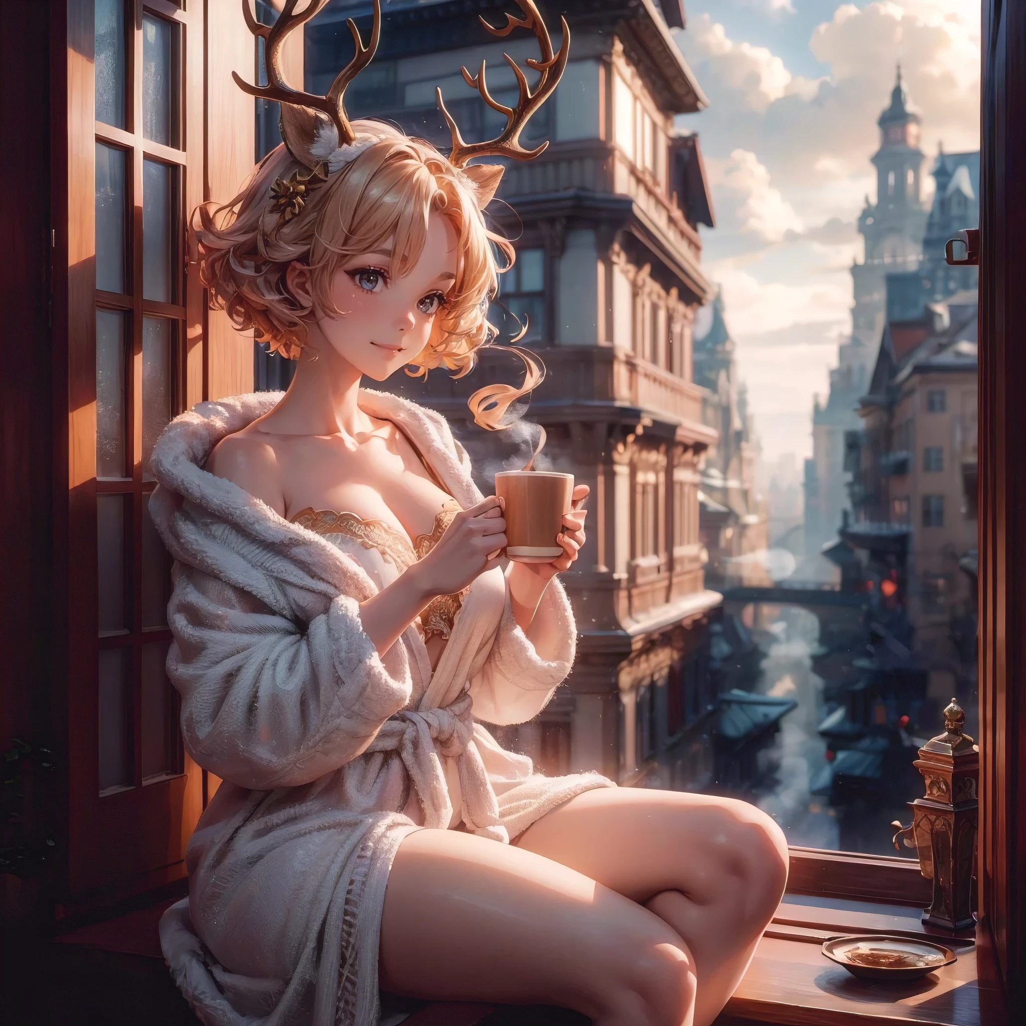 A stunning 3D render of a beautiful anime woman, showcasing a perfect body with a combination of slim and voluptuous features. She has short, curly hair adorned with deer antlers, giving her a mystical aura. Wearing a luxurious bathrobe, she is seated by the window sill, overlooking the bustling city below. Holding a steaming hot coffee, she appears to be enjoying a peaceful morning, with the sun casting a warm, golden light on her and the cityscape. The architecture is a blend of modern and traditional styles, creating an enchanting atmosphere., illustration, 3d render, anime, portrait photography, architecture