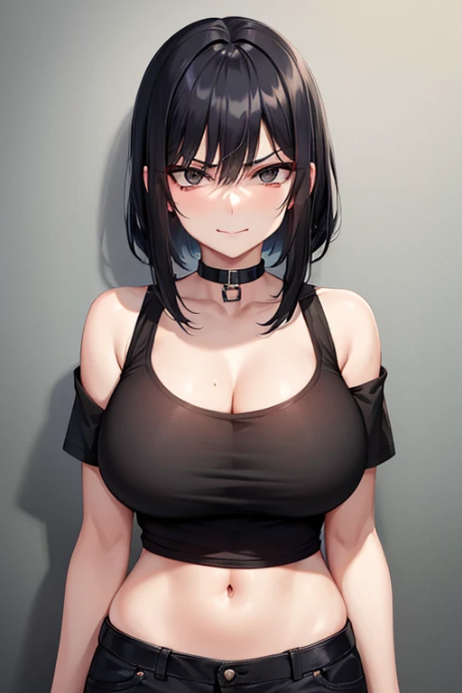 A girl with black hair and grey eyes, slightly angry, smiling, devious look on her face, wearing black hot pants and a black t-shirt, neck chocker, big breasts