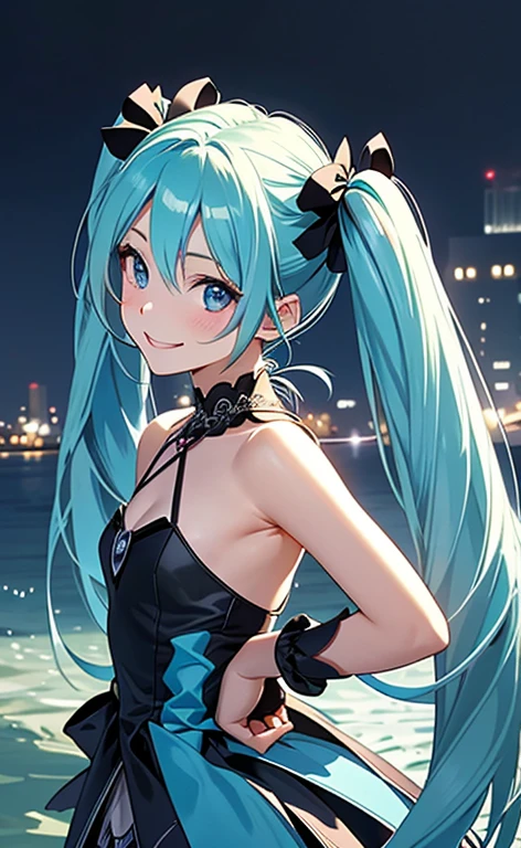 (8K、Highest image quality、highest quality、masterpiece)、detailed face、((one ))、mesugaki、blue greenhair、twintails、blue greeneye evil smile、((grin))、small breasts、((pink bodycon))、cowboy shot、((Back alley background at night))