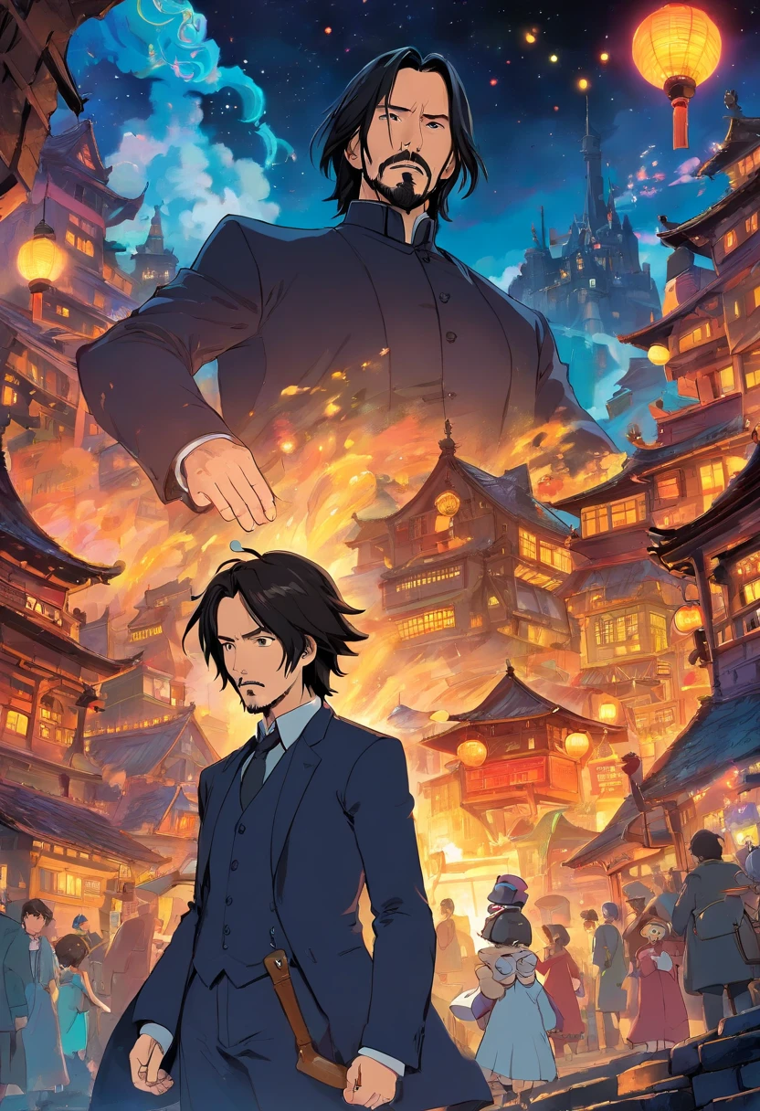 John Wick in "howl's moving castle",at china, Studio Ghibli,Directed by Hayao Miyazaki,Starring Keanu Reeves,