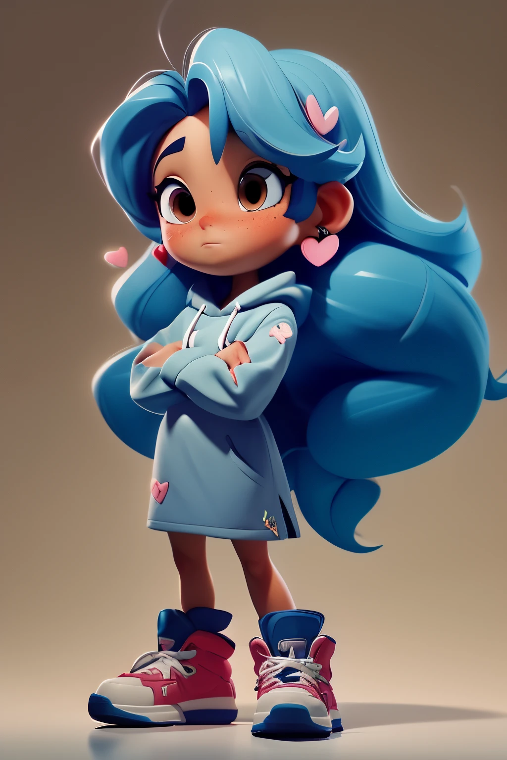 masterpiece,best quality,8K,pencil skirt,official art,ultra high res,1girl,solo,long hair,crossed arms,earrings,full body,jewelry,hood,hoodie,sneakers,shoes,heart earrings,brown eyes,heart,blush,standing,blue hair,heart hair ornament,white hoodie,hood down,freckles,very long hair,