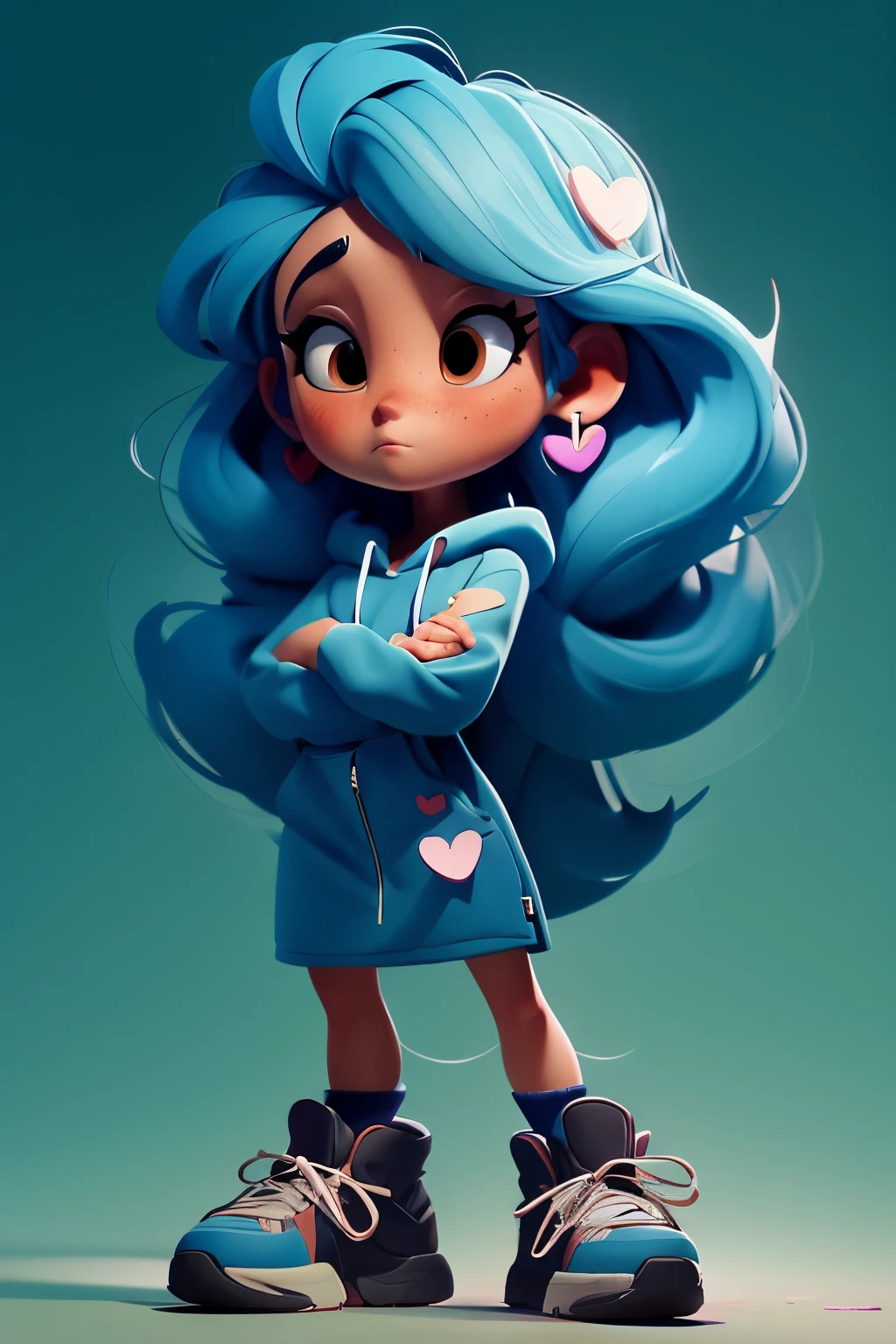 masterpiece,best quality,8K,pencil skirt,official art,ultra high res,1girl,solo,long hair,crossed arms,earrings,full body,jewelry,hood,hoodie,sneakers,shoes,heart earrings,brown eyes,heart,blush,standing,blue hair,heart hair ornament,white hoodie,hood down,freckles,very long hair,