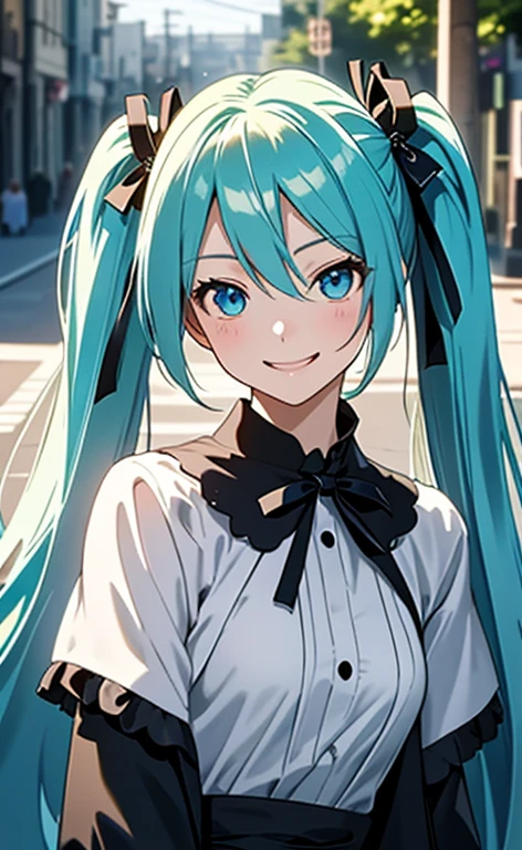 (masterpiece:1.4、top-quality、illustration:1.4,realistic、)、(character focus、breast focus,upper body:1.3)、(1girl),(seductive smile:1.3),(miku hatume),cute face,blue eyes、(looking back)、
,(stand:1.4),(Shining smile),
,(slender),(gothic ta:1.3),
(fluorescence light green long hair:1.6,,),(twintails), (small breasts:1.3)、
、slender、hatsune_miku_bluearchive