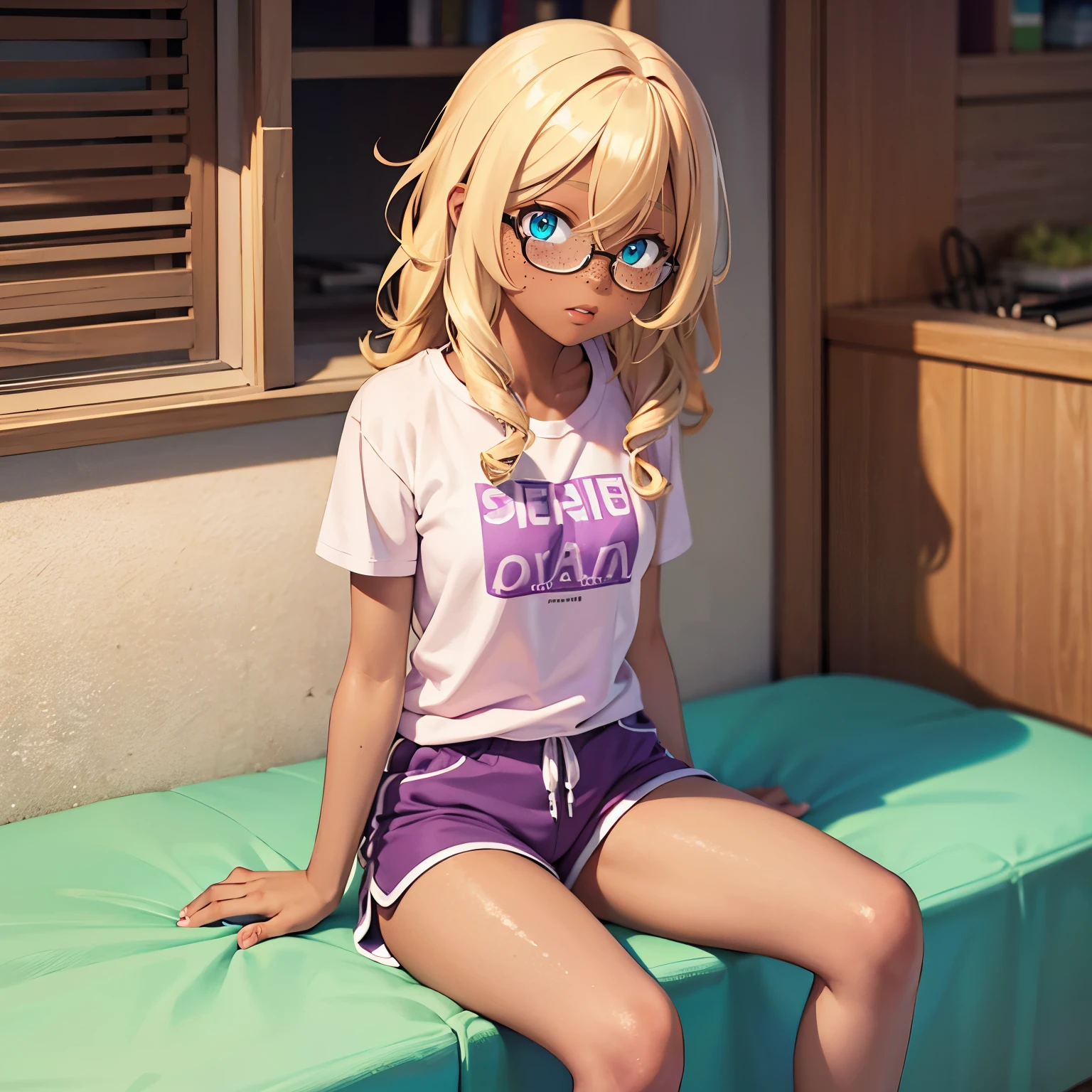 Blonde hair, brown skin, tan, black, light skin, medium chest, black glasses, pink shirt, purple shorts, sitting down, freckles, medium hair, ringlets, cyan eyes