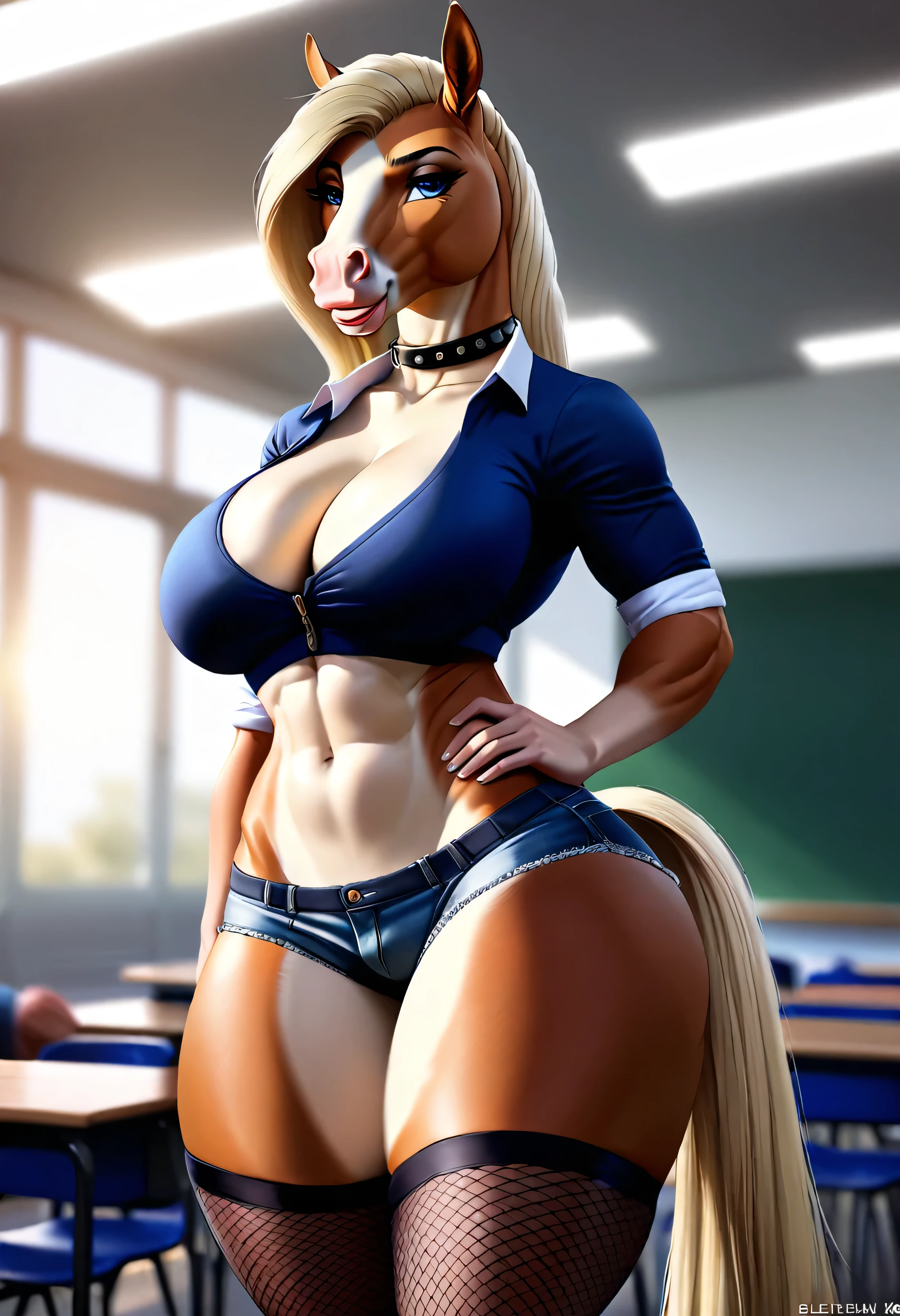 4k highly detailed realistic digital extremely high quality drawing, masterpiece, (by keeltheequine), (uploaded on e621), (a full-body portrait of a female anthro palomino horse), ((posing in a classroom)), ((wearing a collar, sexy teacher's outfit and denim booty shorts)), ((fishnet pantyhose)), (beautiful and detailed eyes:1.1), (thick red bimbo lips), (ponytail), fur, seductive, sexy, voluptuous, curvy body, hourglass figure, large breasts, muscles, cinematic lighting, (f1.8 short focus bokeh)