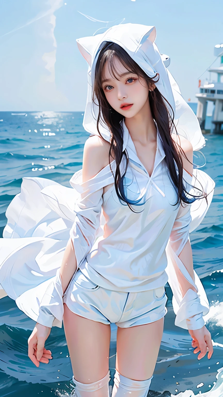In the clear blue sea、Wearing a white hoodie fluttering in the wind、A woman wearing shorts、standing on the waves。Her hair is long、Shine white、Swaying in the waves。Red eyes