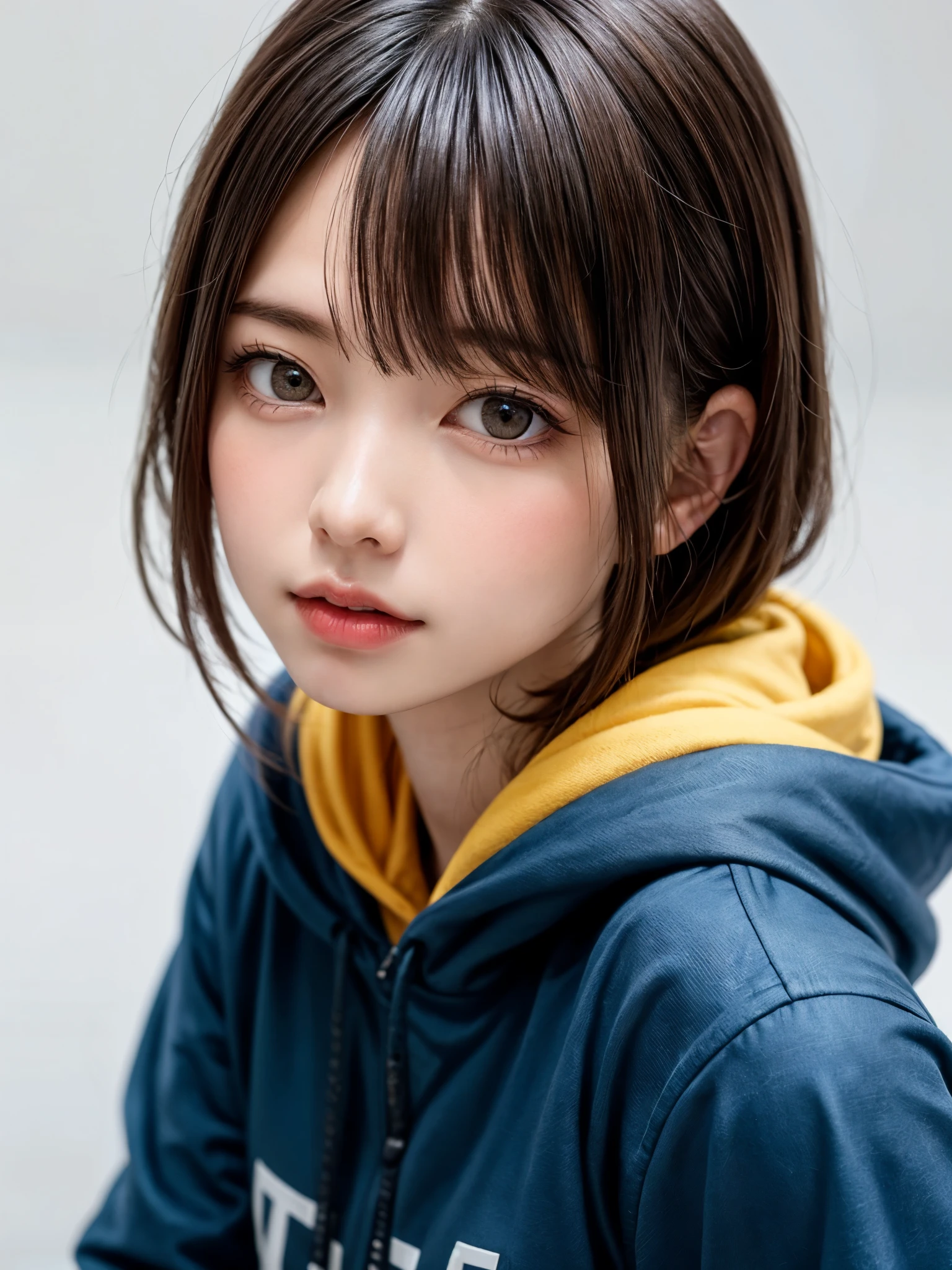 Masterpiece、Highest quality、1 girl, alone, alone focus, Cowboy Shot, Portraiture, Oversized hoodie, Aqua green and white hoodie, Half watercolor, Half Green, ((Brown Hair)), (Yellow Hair), (Gradient Hair :1.5), Curly Hair, ((Pink Eyes)), Very detailedな目, Sunburn, (Dark caramel skin:1.1), highest quality, Very detailed, White Background, Simple Background
