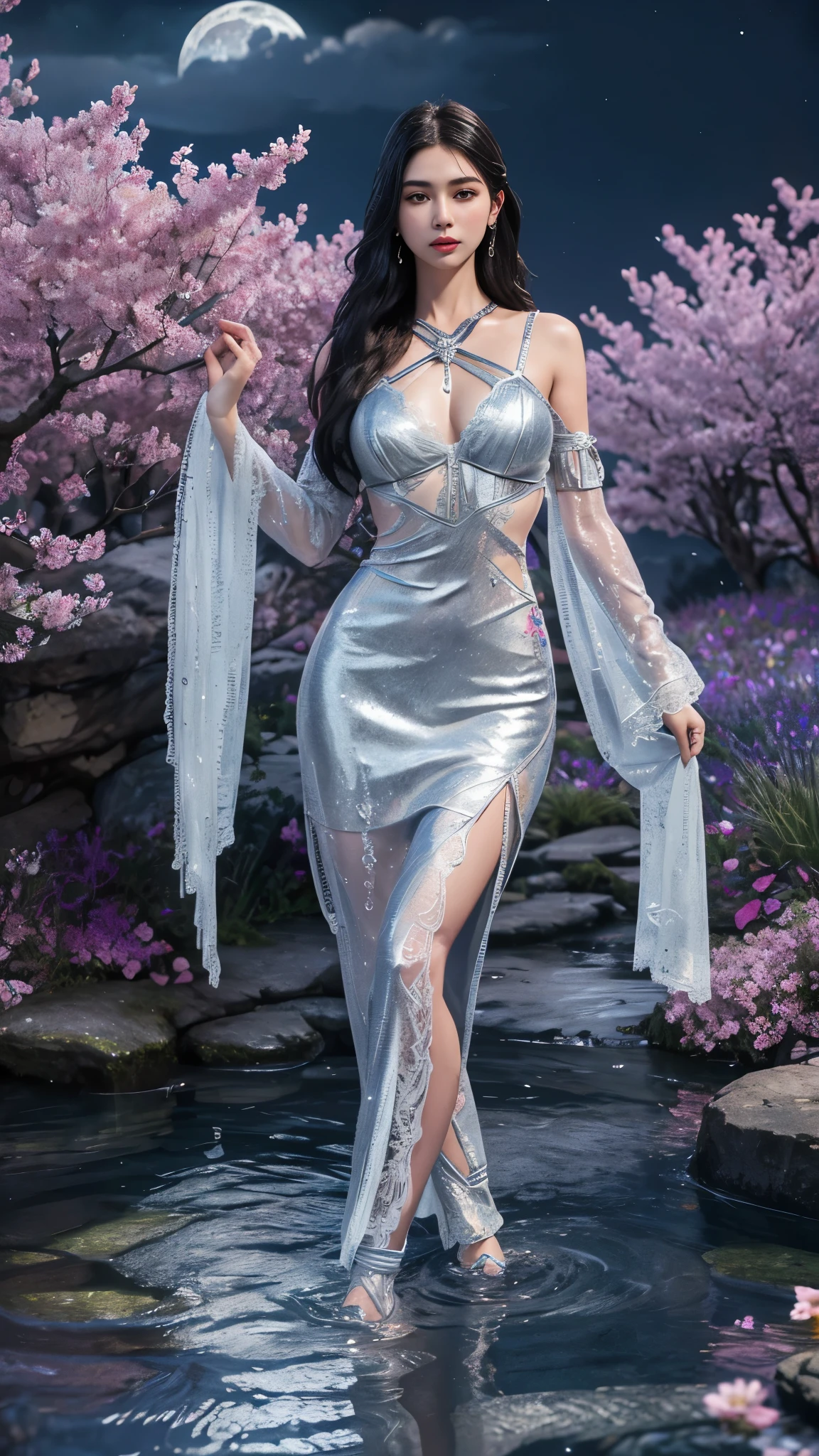 8K, ultra hd, masterpiece, 1 girl, ((18 years old girl)), good face, very long hair, detailed eyes, detailed lips, small breasts, ((shining clothing, silver clothing)), ((criss-cross lace)), sardine, ornament, jewellery, antique jewellery, loops, straps, dim lighting, epic scenery, ((night scenery:1.5)), ((Realistic moon)), cherry blossom, beautiful, rain, flowers, butterfly, water reflection, RTX 4090, (unreal engine 5), ray tracing, bloom effect, front body pose,