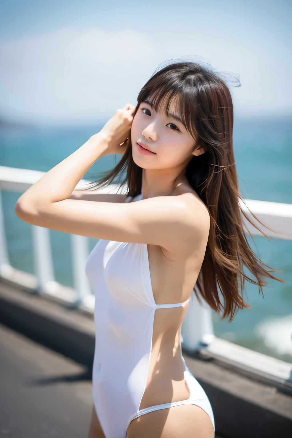 Young Japanese woman, 20s, background is the sea, simple background, long brown hair, slender, 4K, 8K medium, high resolution, beautiful woman, beautiful eyes, simple, high resolution, alone, beautiful skin, beautiful skin, White leotard, long beautiful legs, hair blowing in the wind