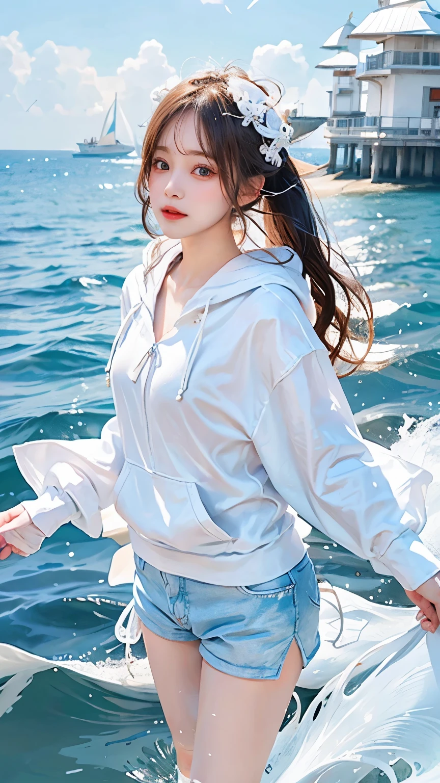 In the clear blue sea、Wearing a white hoodie fluttering in the wind、A woman wearing shorts、standing on the waves。Her hair is long、Shine white、Swaying in the waves。Red eyes