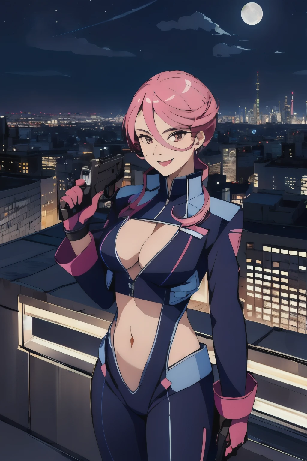 1girl, natural lighting, solo, high resolution,
srw_ring_mao, outdoors, rooftop, cityscape, building, railing, night, night sky, scenery, moon, city lights, blush, lipstick,
masterpiece, best quality, highly detailed, cross necklace, bodysuit, unzip zipper, navel cutout, exposed
navel, exposed bellybutton, , cleavage, long sleeves, black gloves, smile, ,, holding a gun, handgun,
pistol, , outdoors, rooftop, cityscape, building, railing, night, night sky, scenery, moon, city lights, blush,
lipstick