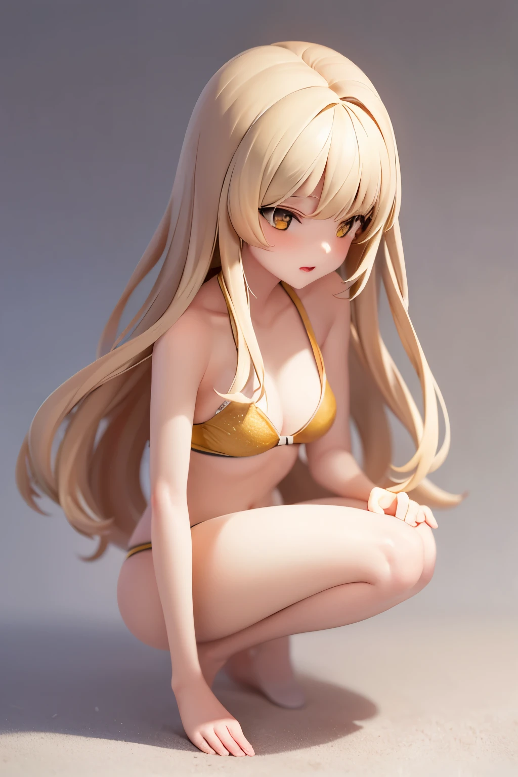 (Masterpiece), (best quality, height, Highly detailed, illustration), 1 girl, alone, contemporary, profile picture close up, long beige blonde hair, Golden yellow eyes, Beautifully detailed eyes, squatting, Wearing a blue-gray bikini