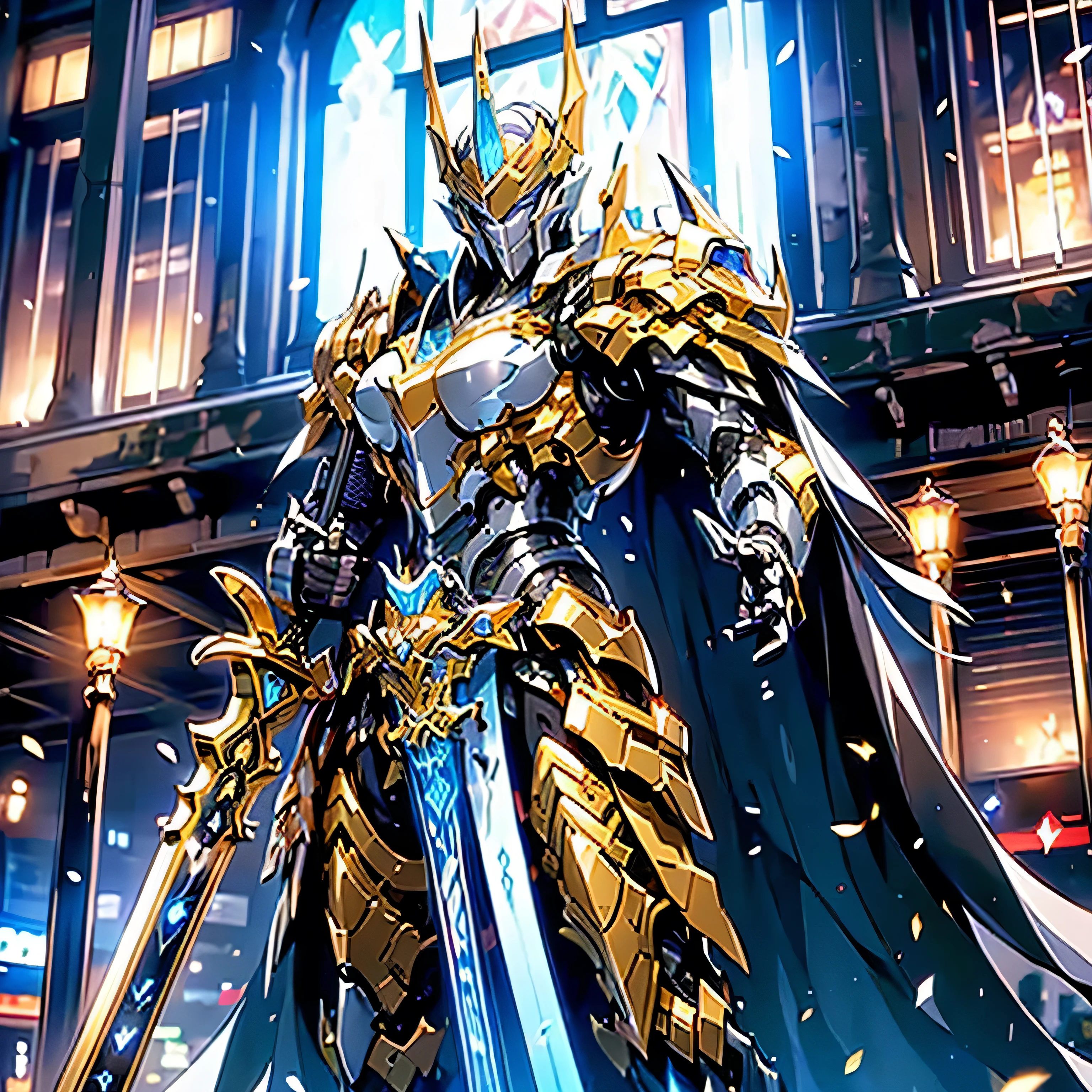 (masterpiece, best quality), A paladin holding a light infused sword, light magic, divine, magewave, silver and gold, 4k, dark cityscape, Fujifilm