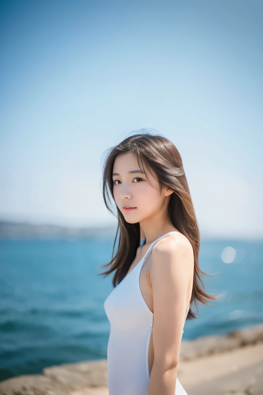 Young Japanese woman, 20s, background is the sea, simple background, long brown hair, slender, 4K, 8K medium, high resolution, beautiful woman, beautiful eyes, simple, high resolution, alone, beautiful skin, beautiful skin, White leotard, long beautiful legs, hair blowing in the wind