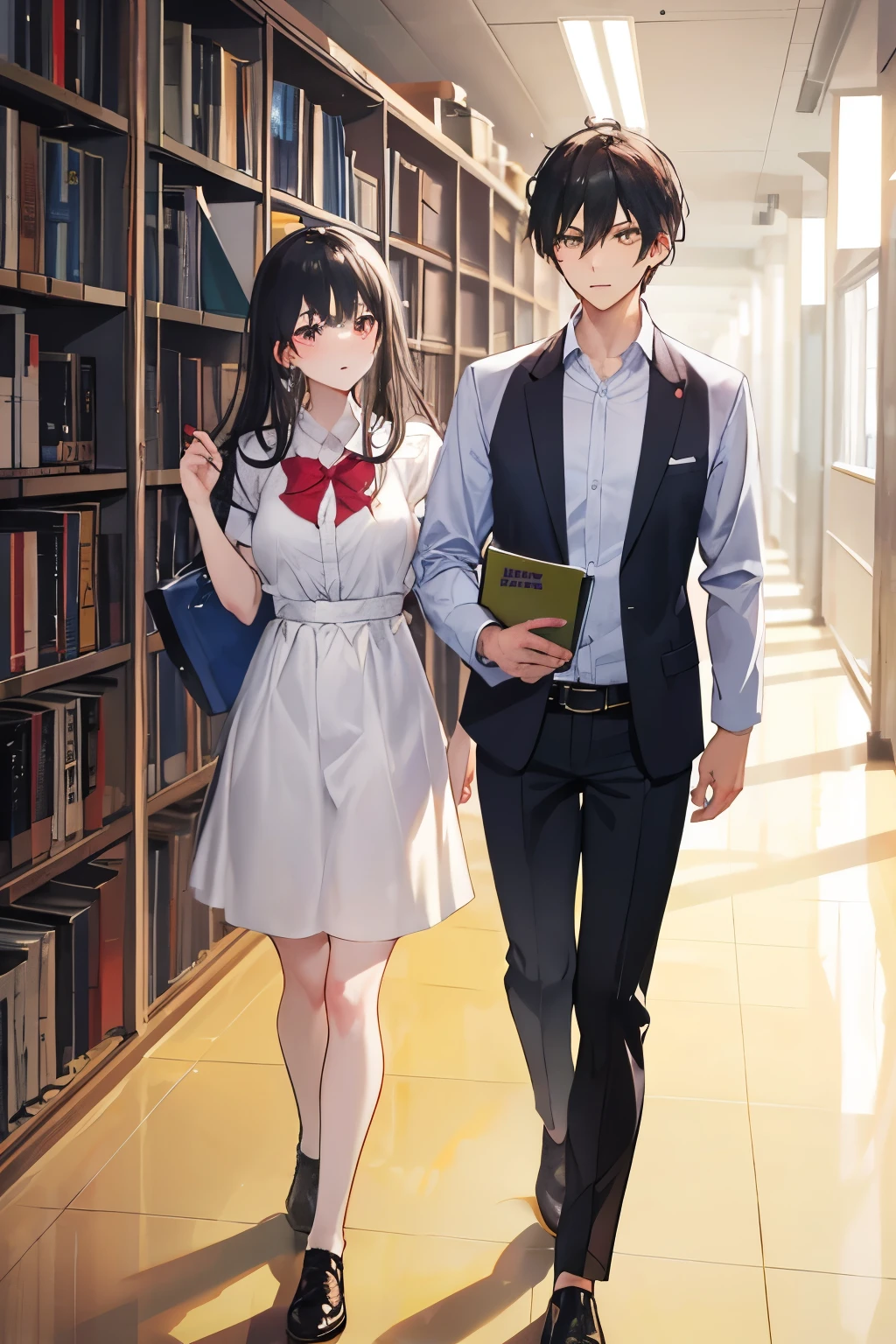 create me a full illustration  in each scene  make the girl nerd and the boy is handsome  they are university student  
Scene 1
Narration: Alleah, quiet and reserved, with a reputation for being the top student in every subject, kneels to gather her books scattered across the hallway. She's nerdy and an easy target for bullies. As she stacks her last notebook, Timothy, the school's beloved soccer star, approaches. 
(School hallway) 
Timothy: Hey, let me help with that.
Alleah: Thanks, but why would you help me?
Timothy: Because I’ve got an idea that might just solve both our problems.

Scene 2: 
	(In the library)
Timothy:  So, you tutor me in math, and I pretend to be your boyfriend. No one bothers you, I pass my exams. Win-win? 
Alleah: You’re serious? You think a soccer star dating me will make them stop?
Timothy: Trust me, no one messes with the goalie's girl.

Scene 3: 
	(School Cafeteria) 
Alleah: This is surreal, you know, eating here with you.
Timothy: Just act natural. Pass the fries, darling.

Other students: Wow, Timothy and Alleah, huh? That’s new!
Other students: Are you his new project, girl? HAHA! 
Other students: Since when are you into nerds, Tim? 

Timothy: Nerds are the new sexy, didn’t you hear? 
Alleah: (blushes) 

Scene 4
	(Timothy’s house) 
Alleah is tutoring Timothy. 
Timothy: You know, sometimes I think these numbers are mocking me.
Alleah: Just imagine they're soccer scores. You wouldn’t want the other team to win, right?
Timothy: Got it. So, if I treat every problem like a match, I just need to score more goals than algebra!
Alleah: Exactly, but let’s try not to kick the workbook, okay?

Scene 5
	(School hallway, Alleah and Timothy are walking side by side while other students gather in a group to talk about them)

Other students: Are they for real? (Whispering to each other) 
Timothy: Realer than The Kardashian episode! (loudly) 

Alleah: (whispers to Timothy) Do people buy it?
Timothy: (whispers back) Like a clearance sale.

Scene 6 
	(ha