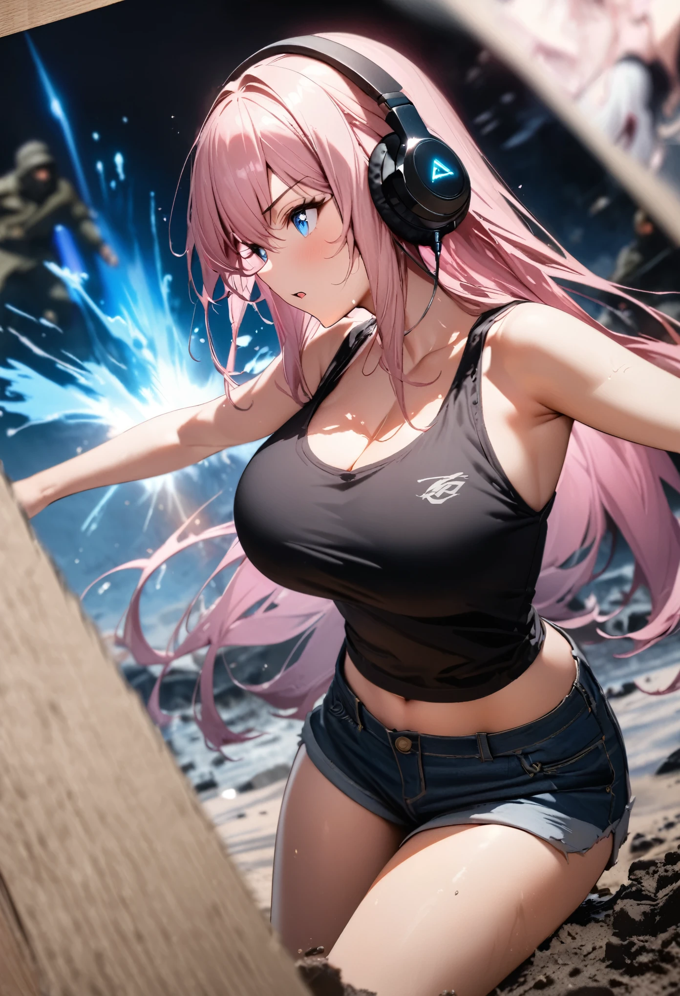 最high quality, Best image quality, masterpiece, With a girl ((Black tank top, Short denim shorts, 18-year-old, teenager, cute, Best Bust, Large Breasts, Beautiful glowing blue eyes, Wide Chest, Pink semi-long hair, Slender body, Large Breastsの谷間, With sniper rifle, Headphones, glowing back jet, Combat pose, photograph, Splash, ), high quality, Beautiful art, background ((Space Battlefield)) ), depth (Earth), Tabletop, depth of field, Cinematic