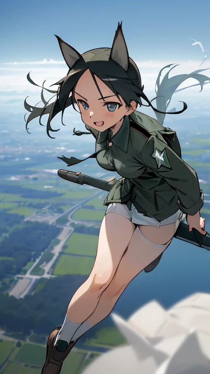 {(masterpiece,best quality, 8K UHD, extremely detailed CG, detailed beautiful face and eyes and skin and hair)}, {(ultra realistic photo graphic style:1.4)}, {(1girl free_fall from 10000m above the ground:1.2), (out of focus background:1.4)}, {1girl, 18yo, beasts_ears}, (strike witches:1.4)}, {(cheerful:1.3), (candid shot), (forehead)}, {(bring knees forward:1.1), (inner thighs showing pose:1.2)}