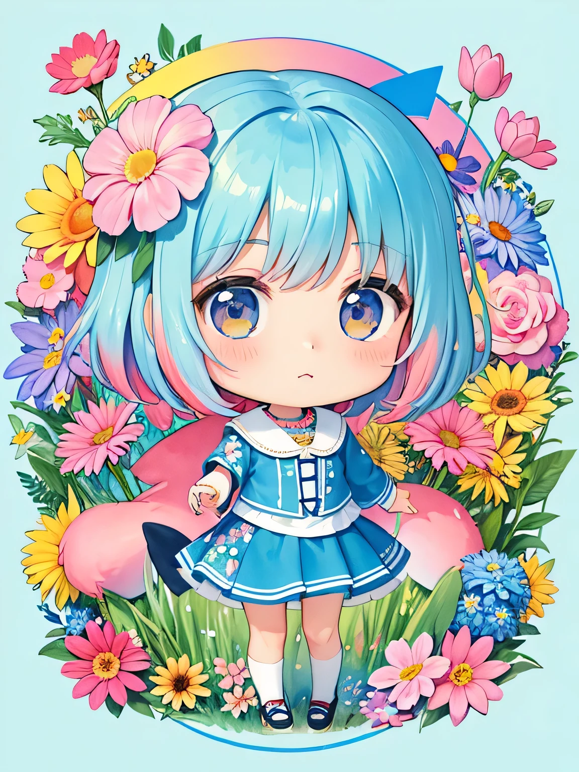 Momoko Sakura style、8K Quality、Intense watercolor, Detailed watercolor art, Watercolor splash, Surreal, avant-garde pop art, Beautiful and expressive paintings, Beautiful artwork illustration, Very colorful tones, wonderful, Cool beauty, highest quality、Official Art, Vector art, Stylish design, ((The most beautiful girl of all time)), (((chibi))), (((highest quality))), HDR, ((detailed)), (((Doodle Art)), ((masterpiece)), ((Super detailed)), (((Colorful flowers))), ((hiking)))、(((Lots of animals)))