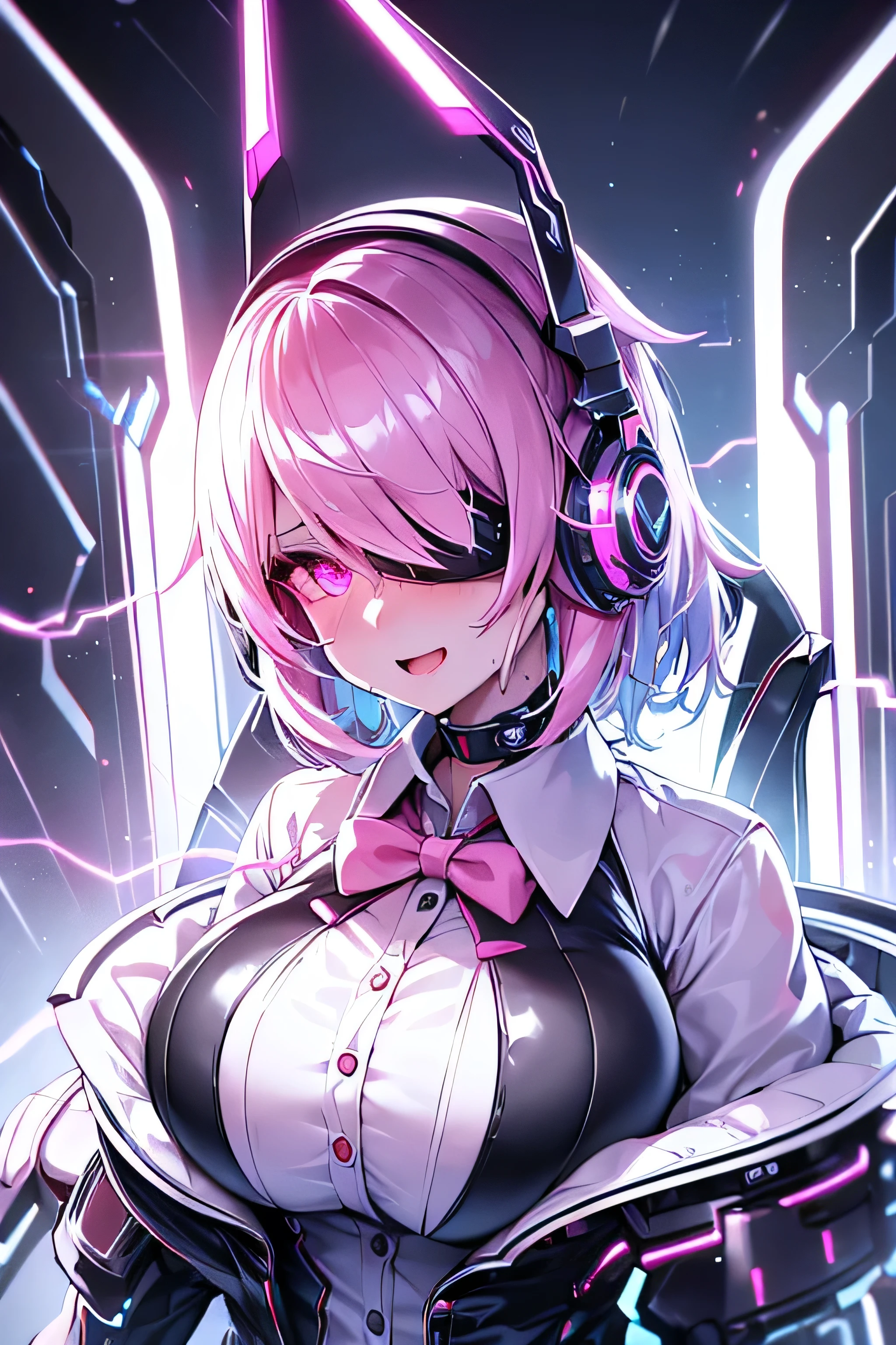 Anime cyborg girl sitting in a pilot seat wearing a virtual reality headset covering her eyes on her face with machinery and tubes and wires going inside her head and brain, (Best quality,highres:1.2), ultra-detailed, (realistic:1.3), cyberpunk, futuristic, portrait, shiny revealing latex outfit, cyber implants, virtual reality, drooling face, cables plugging into brain, shirt collar, bowtie, formal clothing, open mouth smile, facing viewer, girl is vibrating, glowing virtual reality headset, relaxed expression, blushing, cyber future formal wear, cyberpunk, futuristic, brain drain, cyber implants, virtual reality, drooling face, virtual reality headset covering eyes, , big collar, high collar, open mouth smile, pleasured face expression, skin tight clothing, big shirt collar, big bowtie, biggest breasts in the world, light-emitting cable connected to brain, head antennas, oversized headphones, breasts are vibrating, open mouth drooling, blank expression, red face blush, cyborg, android, mechanical creature, mechanical torso, futuristic cyberpunk cyborg body, slim futuristic android, glowing lights on girls body, power cells, head is emitting pink light, formal shirt collar, big formal bowtie, , glowing nipples, big shirt collar, high collar, white collar, electrocution, girl being electrocuted, electricity, electricity sparks, pink hair, short hair, neon pink hair, body modification, orgasm, pleasure, (VR headset covering the eyes), vibrating breasts, vibrating girl, intense vibration, glowing nipples, lightbulb nipples, girl wearing large VR headset, glowing eyes, blank eyes, focused face expression, buttoned up white dress shirt, formal shirt with huge collar