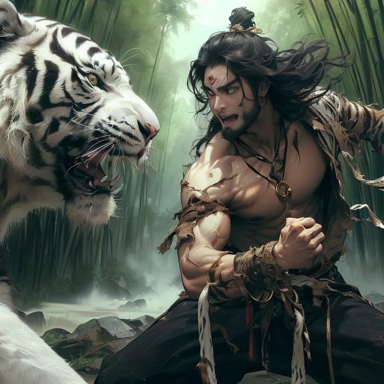 (Best Quality:1.2), (high resolution:1.2), (beautiful face and eye:1.8), (sharpest focus:1.2), (Ultra-realistic Photo:1.2), (Ultra-precise Photo:1.2), (Depth of field:1.2), (perfect :1.2), (nice hands:1.2), (perfect hands:1.2), 
(A young, beautiful big man grappling head-on with a huge white tiger with his  hands:1.6), (angry laughter:1.5), (devil's smile:1.5), (eyes open:1.5), (sanpaku:1.5), (A large, fearless, beautiful Chinese man with young, sloppy long hair and a gold circlet on his forehead:1.5), 
(A worn, tattered black ascetic's uniform:1.8), (Large, muscular, stunningly beautiful body:1.2), (Bamboo forest in the mountains deep in China:1.2), (Full moon night with a suspicious wind:1.2), 