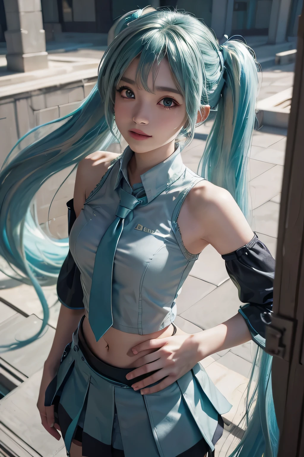 ((masterpiece)), ((sfw)), (best quality), (beautiful eyes), (from above), (blurry background), (depth of field), (outdoors), (rooftop), (backlighting), (sunlight), (Hatsune Miku), (twintails), ((aqua color hair)), ((bangs)), ((grey shirt)), ((detached sleeves)), (sleeveless shirt), ((black sleeves)), ((navel)), (black skirt), (parted lips), ((A smile:0.6)), ((cowboy shot))