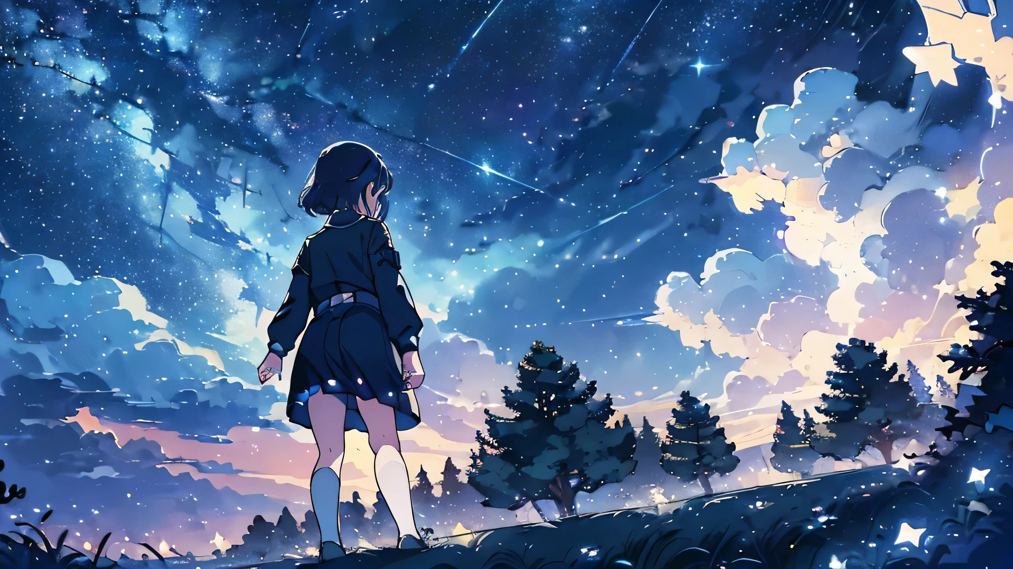 High resolution, anime、((highest quality)), (Very detailed), (beautiful), (((Stars in the night sky々A girl walking while looking up at the sky))), ((alone)),(15 years old)、Looking into the distance、White and translucent skin、Low Angle、In uniform、(((The deep navy blue night sky))),(starry skies),High ,countryside