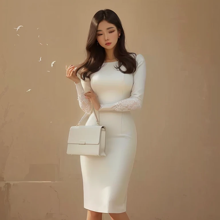 araffe woman in White Dress holding a purse and a handbag, elegant White Dress, full body White Dress, Elegant Dresses, White Dress, wearing White Dress, wearing along White Dress, Stunning ivory dresses, Minimalist bodycon feminine costume, wearing ivory colour dress, White lace dress, wearing an Elegant Dresses, korean female fashion model, simple cream dress, Sophisticated dress