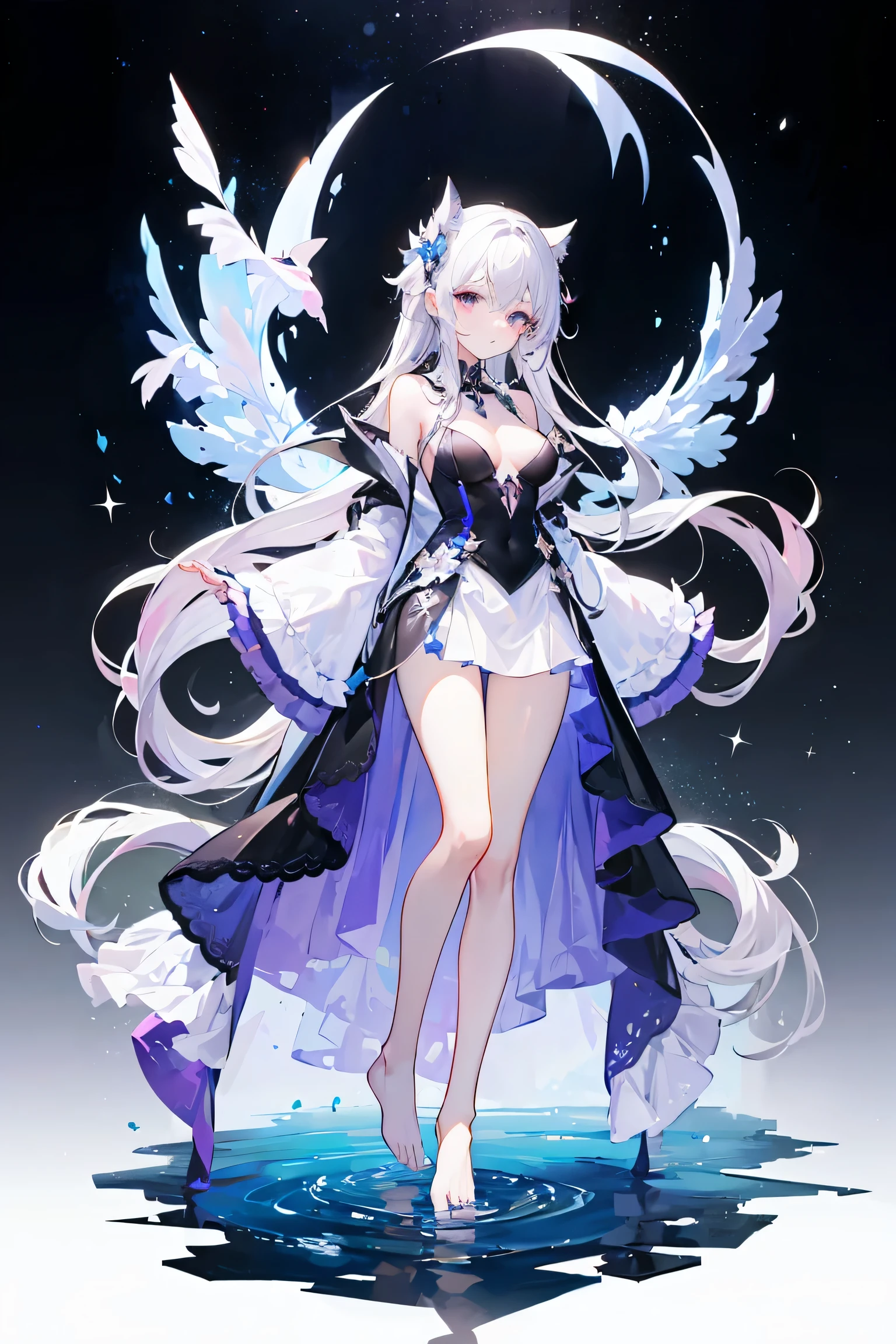 Lilac gradient hair,Asymmetrical hair,（（Very voluminous hair 1.8，Hair is well-defined1.6））， hair over shoulders, Messy hair, Very long hair, Shiny hair，(Long hair:1.2),a beauty girl，（Luxurious white gold mini lolita，Made of transparent material），（Transparent clothes transparent 1.8），perfect bodies，Tall and tall，slenderness，(Looks sad，face drawn and pale，grieves，closing the mouth：1.2） Set against the backdrop of an unusually brilliant dark starry sky，（with hands behind her back），（Round, Medium large, Firm breasts），Barefoot，afloat，waterface，（long leges，long leges，long leges，Perfect leg shape），Full body photo。