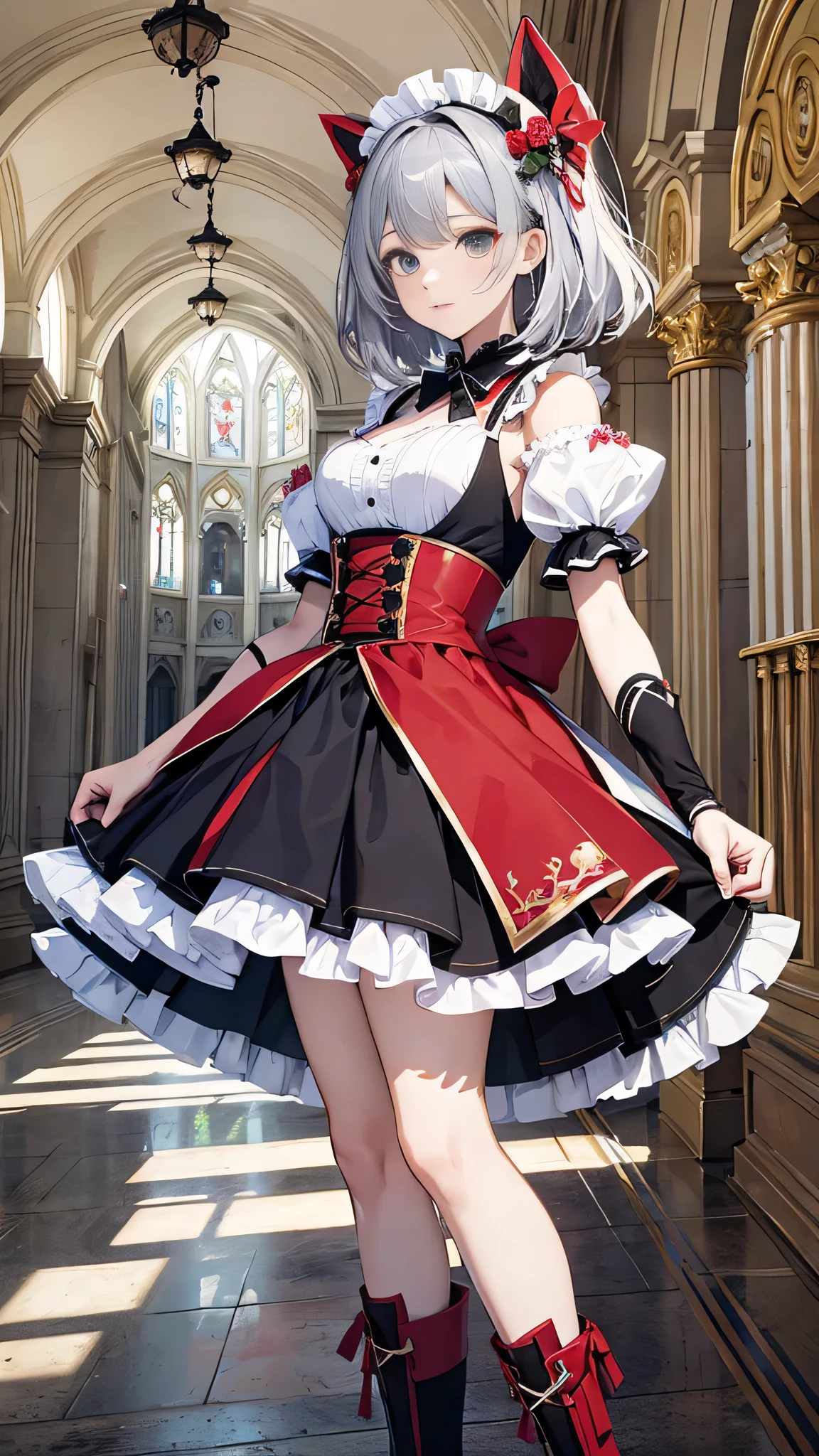 masterpiece, highest quality, figure, Fighting Pose, One girl, Noel Genshin Impact, Silver short hair, Green Eyes, Maid skirt with red side parts, Maid Knight, Maid Knight armor, City Bridge, water,