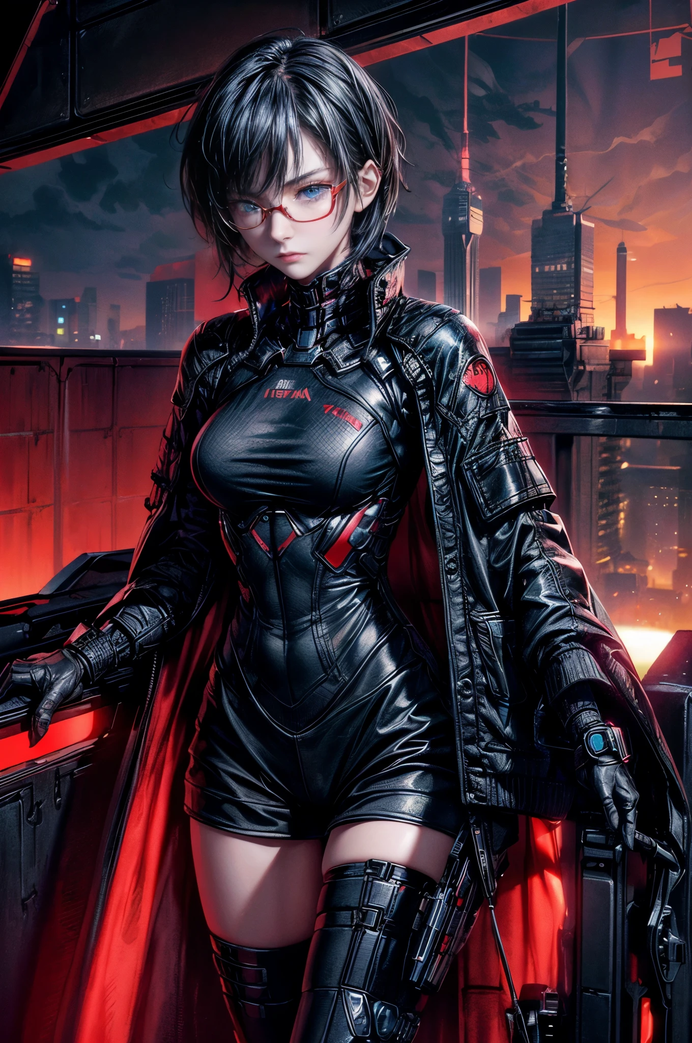 Cinema Lighting、Highly detailed skin,1 girl, highest quality,cyber punk,(Dim color, Calm tone:1.3),(Beautiful 25 year old woman、Beautiful facial features down to the last detail、Short black hair、blue eyes、Glasses、Look Away、Slender body:1.3)profile（Glasses:1.5）break. 
BREAK Cybertech wear with a red and black theme、Equip yourself with cyber weapons:1.4
break、(morning、work)(rooftop、fence、早morningmorning焼け)、(Combat weapons)Mission Begins