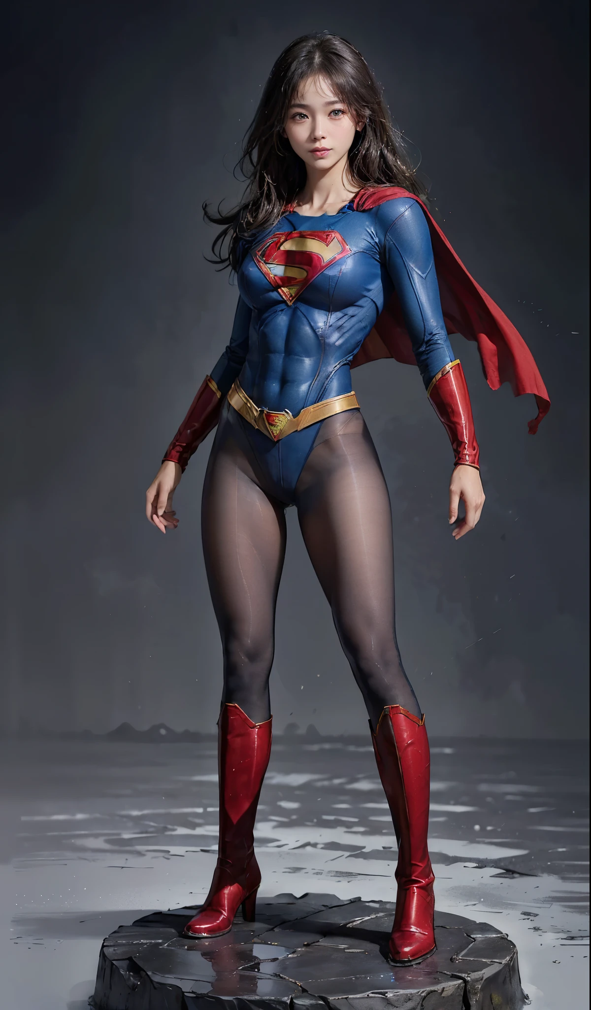 No background、(((Beautiful legs in black tights.)))、(((Legally express the beauty of your smile)))、((((Make the most of your original images)))、(((Supergirl Costume)))、(((Beautiful Hair)))、(((suffering)))、(((Please wear black tights....、Wear red boots)))、((Best image quality、8K))、((highest quality、8K、masterpiece:1.3))、(((Preserve background )))、Sharp focus:1.2、Beautiful woman with perfect figure:1.4、Thin abdominal muscles:1.2、Wet body:1.5、Highly detailed face and skin texture、8K