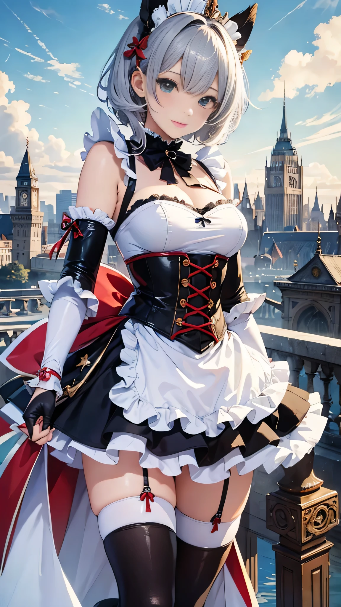 masterpiece, highest quality, figure, Fighting Pose, One girl, Noel Genshin Impact, Silver short hair, Green Eyes, Maid skirt with red side parts, Maid Knight, Maid Knight armor, City Bridge, water,