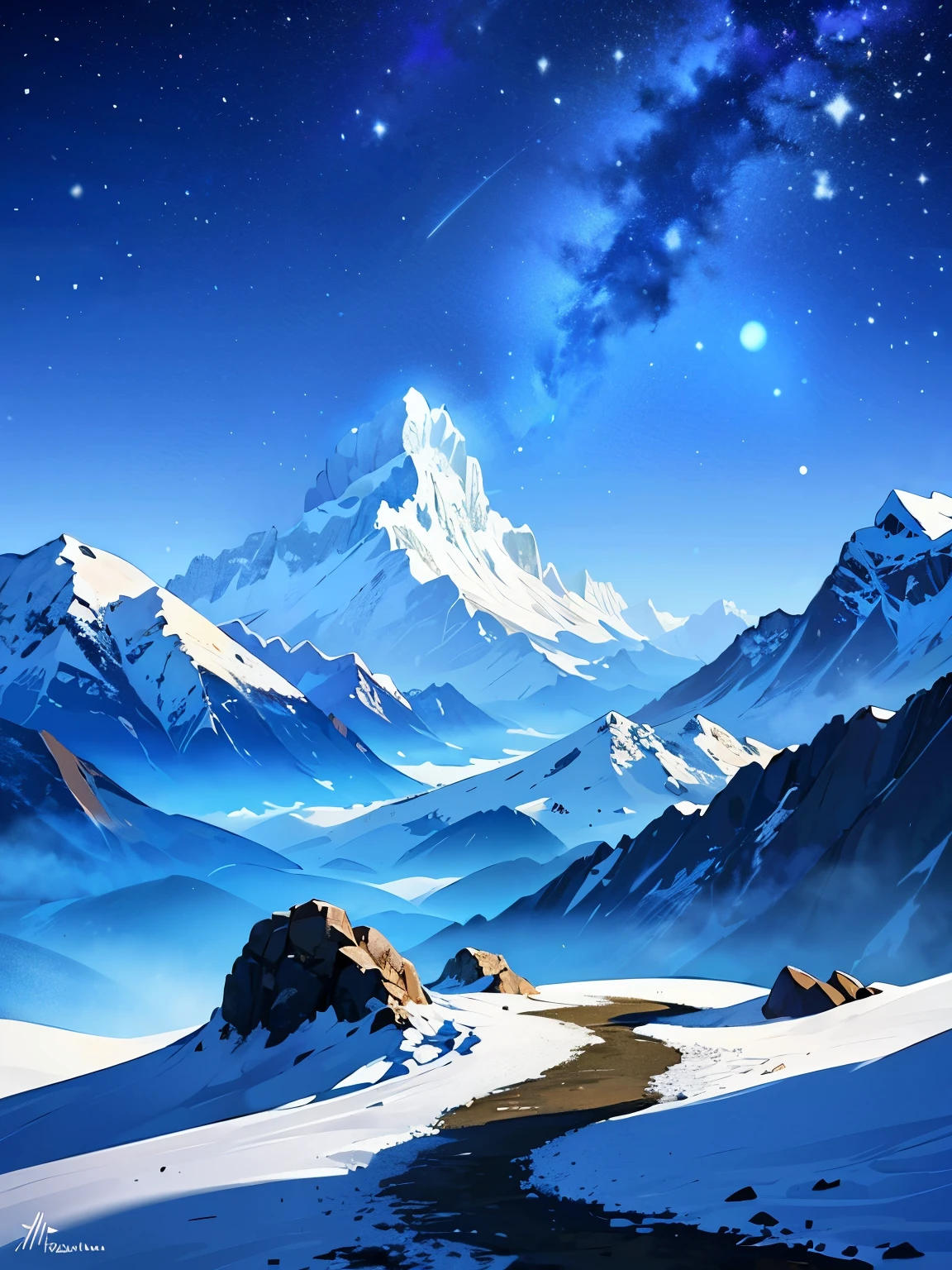 heavy snowstorm,beautiful lighting in the night,((There are no people)),Nobody is here,((there are no artifact)),((Snowy himalayas mountain with a severe snowstorm)),There is no road,No buildings,Nature,High quality,Detailed