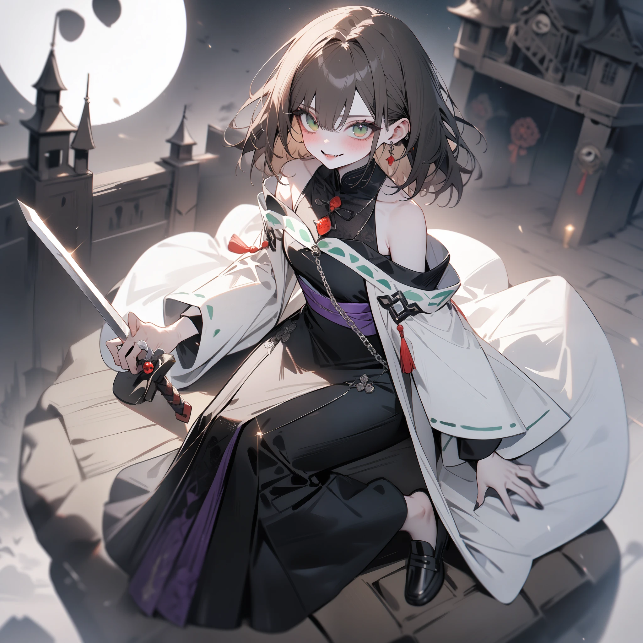 1girl, shrine maiden clothes, black long china dress, full body, castle, white haori, black long cheongsam, long Qipao, , Off-Shoulder, green eye, brown hair, medium hair, , , , evil smile, evil eyes, pale skin, purple obi, moonlight, , darkness, chain, yin yang, black loafers, long skirt, green eyes, gripping shining mechanical sword in hand, master piece, best quality, best aethetic, beautiful art, (sharp focus), (depth of field), (high res), (perfect face), (detailed outfit), very aesthetic, newest, masterpiece, best quality, very aesthetic, absurdres