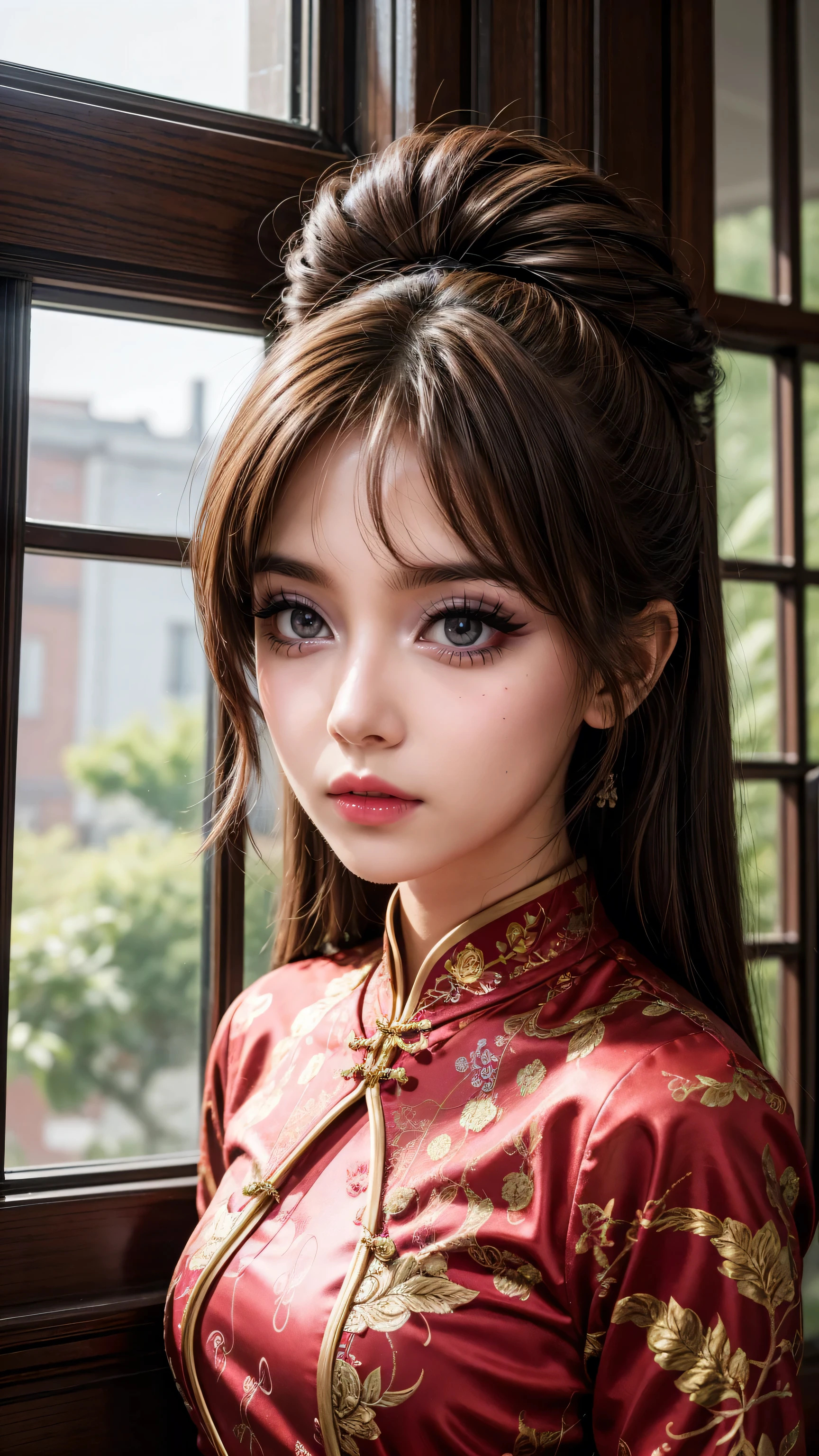 Illustration design, Exquisite Characters, Windows, surface, Brown hair, big eyes, Long cheongsam